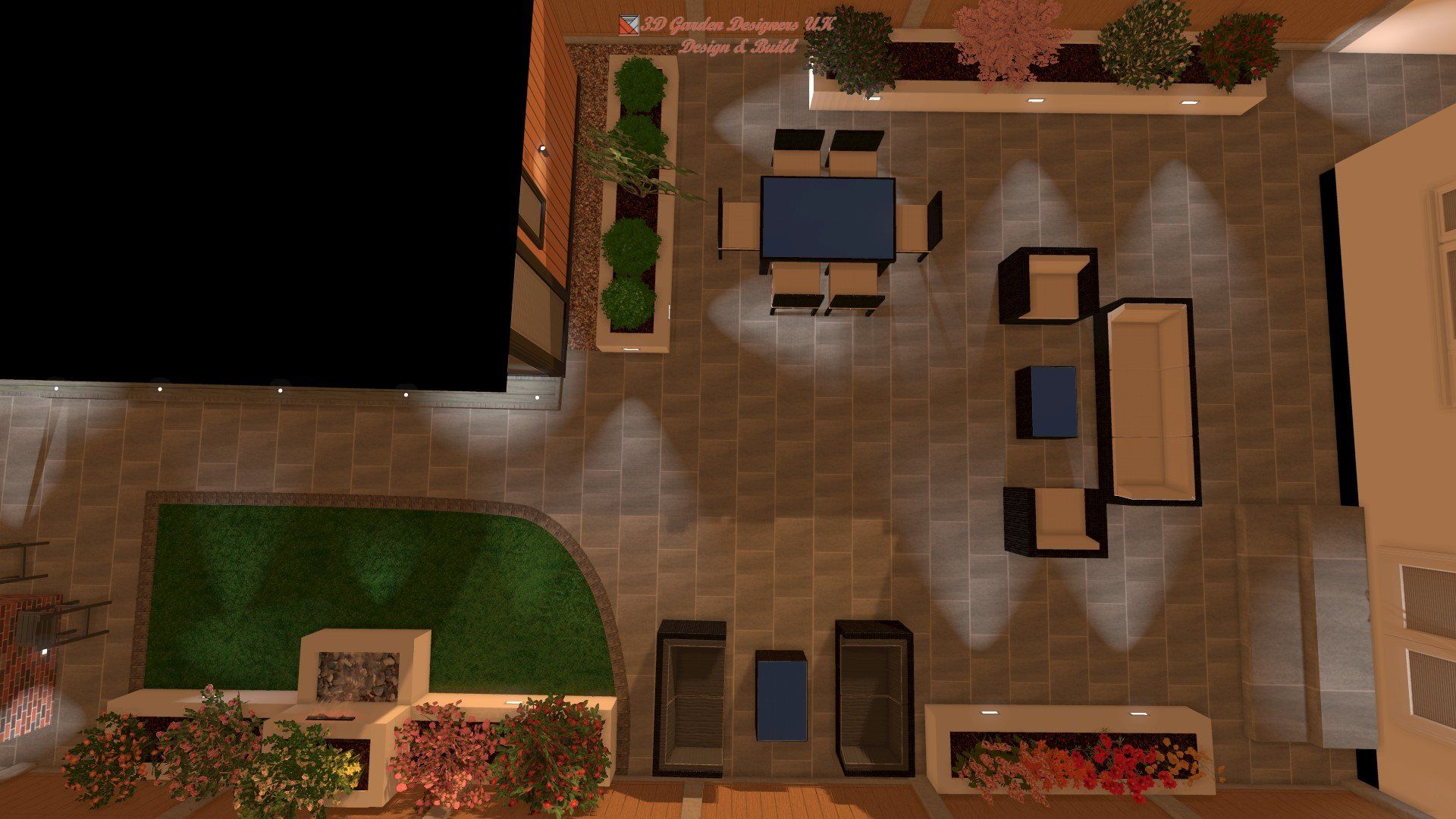 An aerial view of a patio with tables and chairs at night.