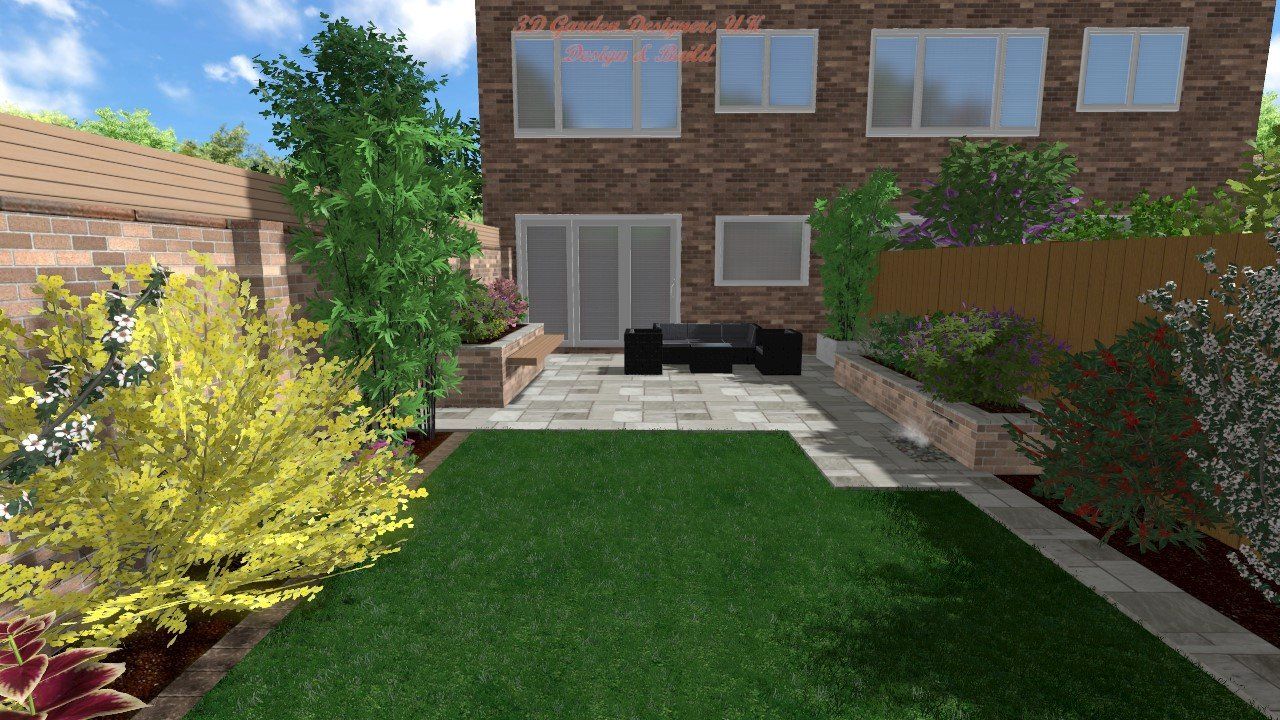 A computer generated image of a backyard with a brick house in the background.