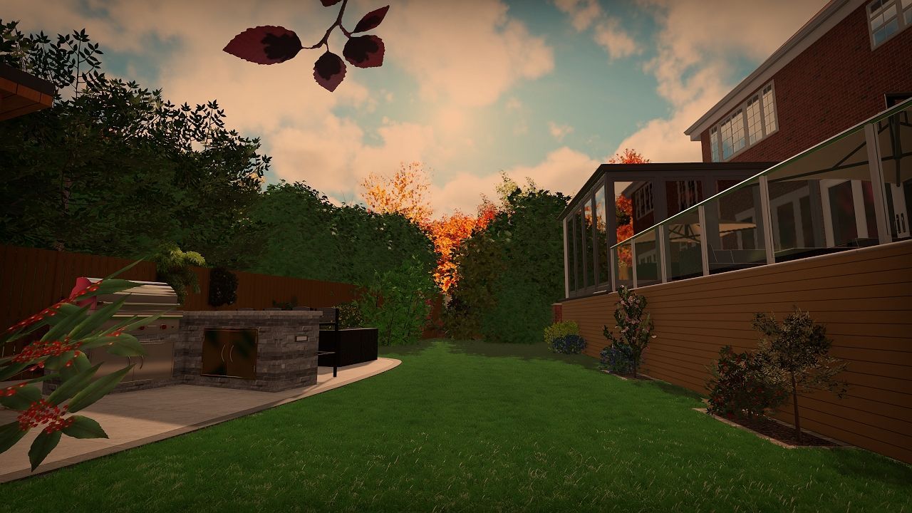 A backyard scene with a brick house, green grass, and trees under a cloudy sky.