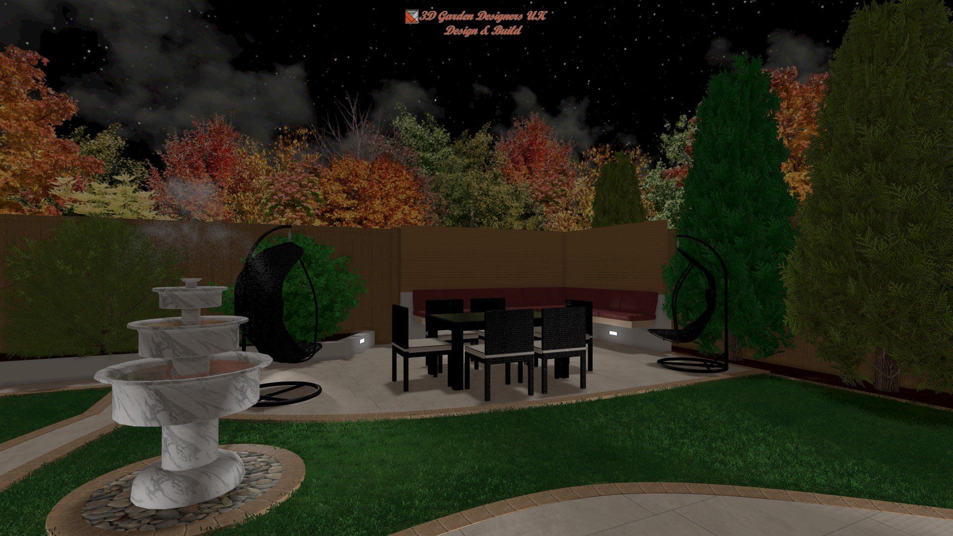 A computer generated image of a garden with a fountain and tables and chairs