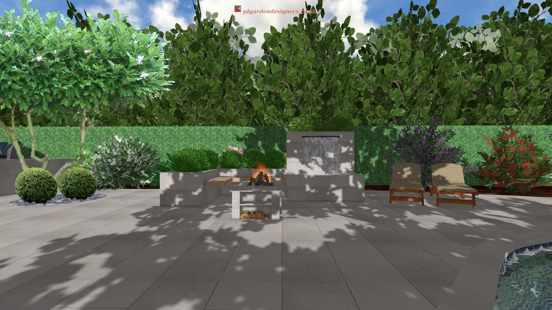 A computer generated image of a patio with a fireplace and chairs.