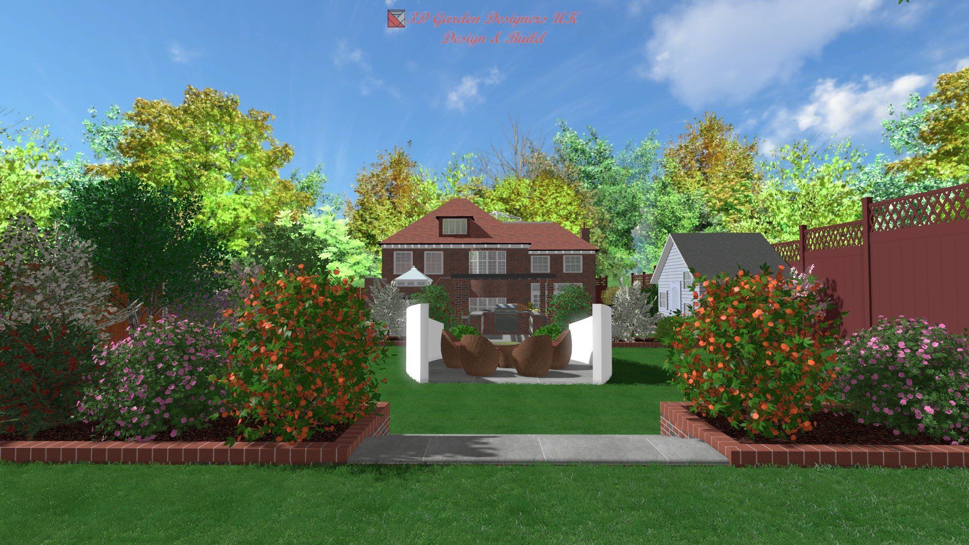 A computer generated image of a garden with a house in the background.