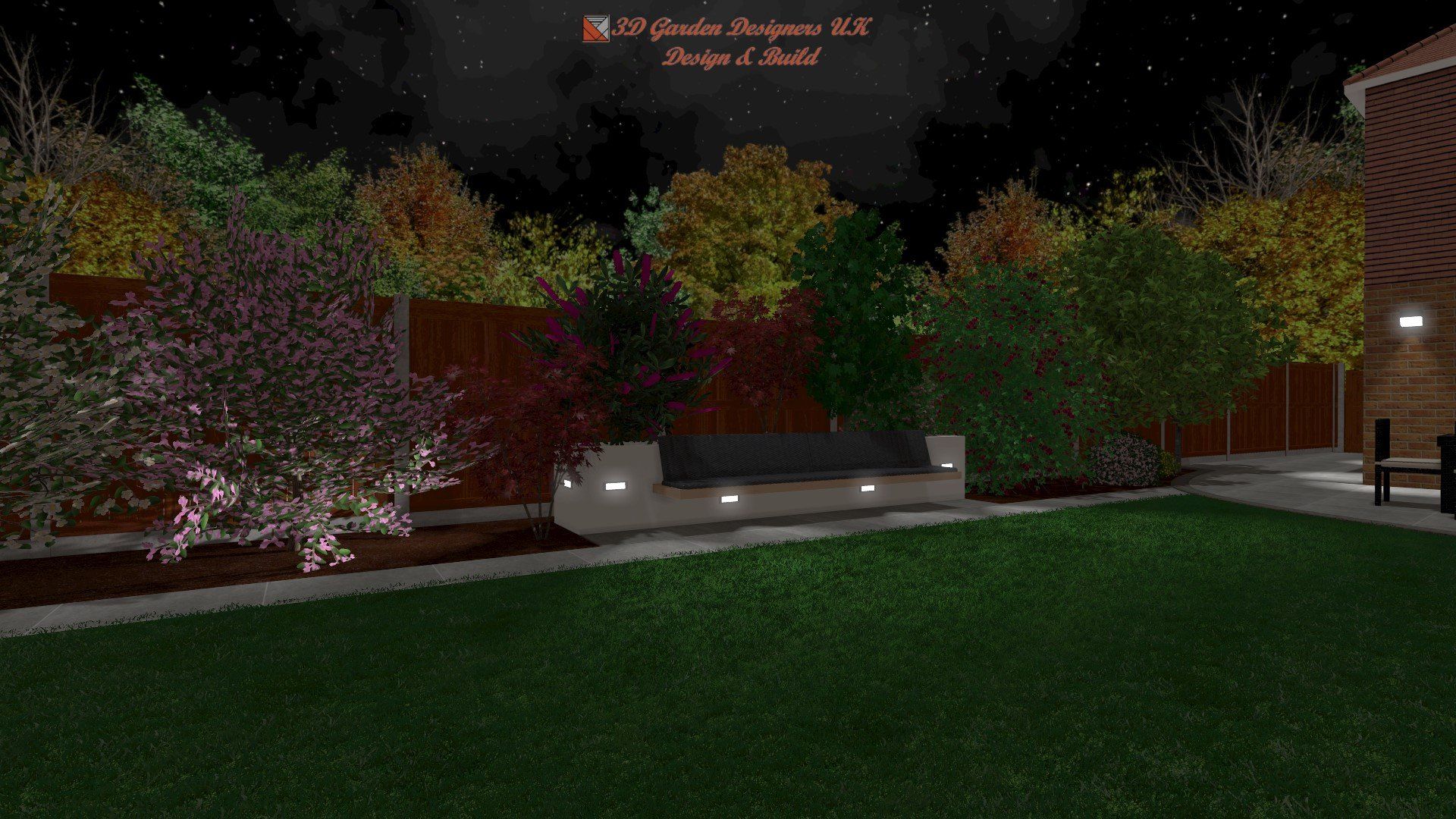 A computer generated image of a garden at night.