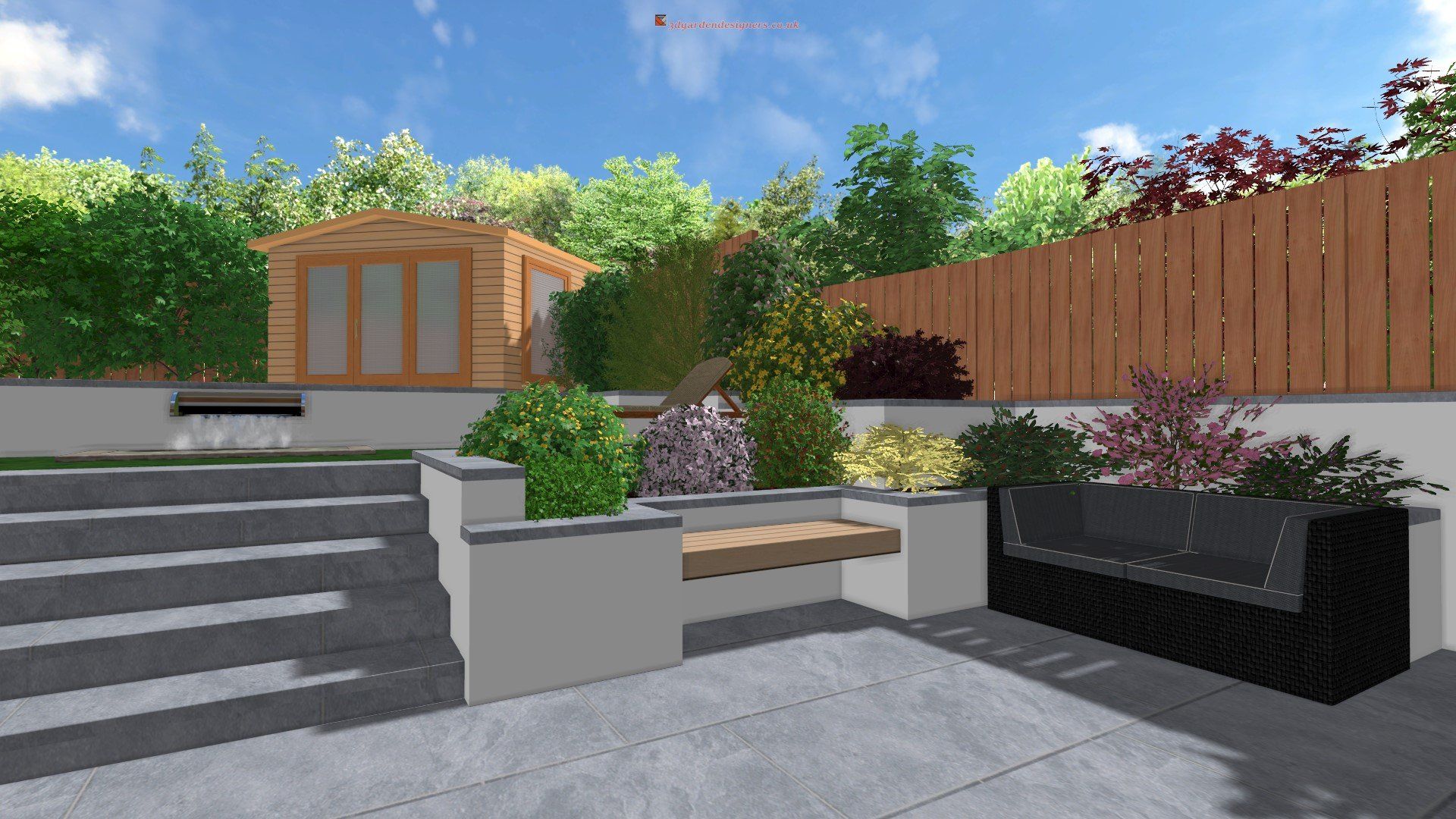 A computer generated image of a garden with a wooden shed and a wooden fence.