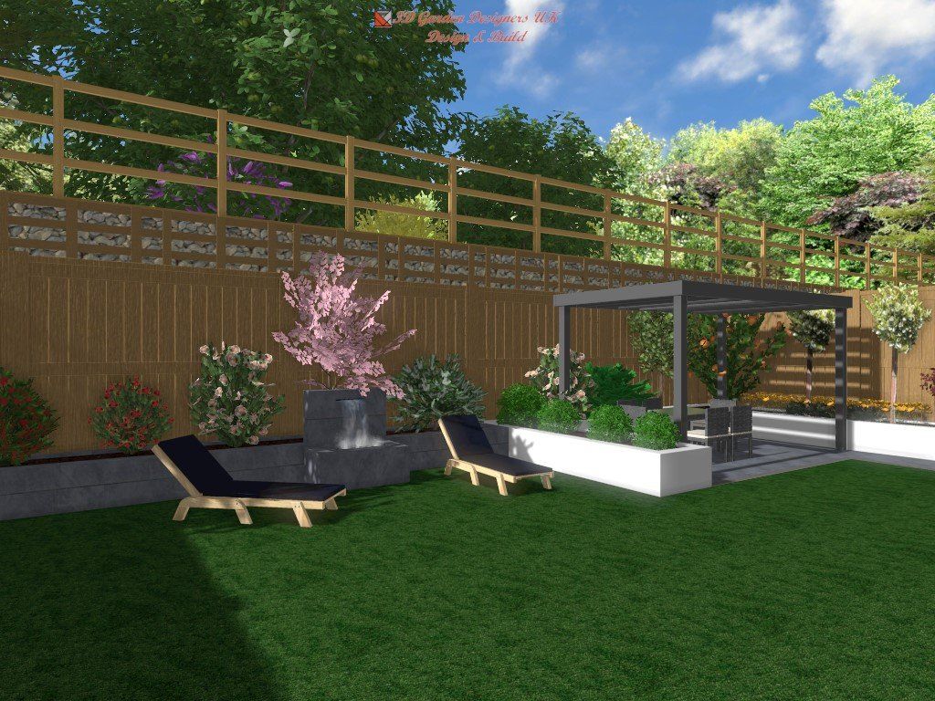 A computer generated image of a backyard with lawn chairs and a pergola