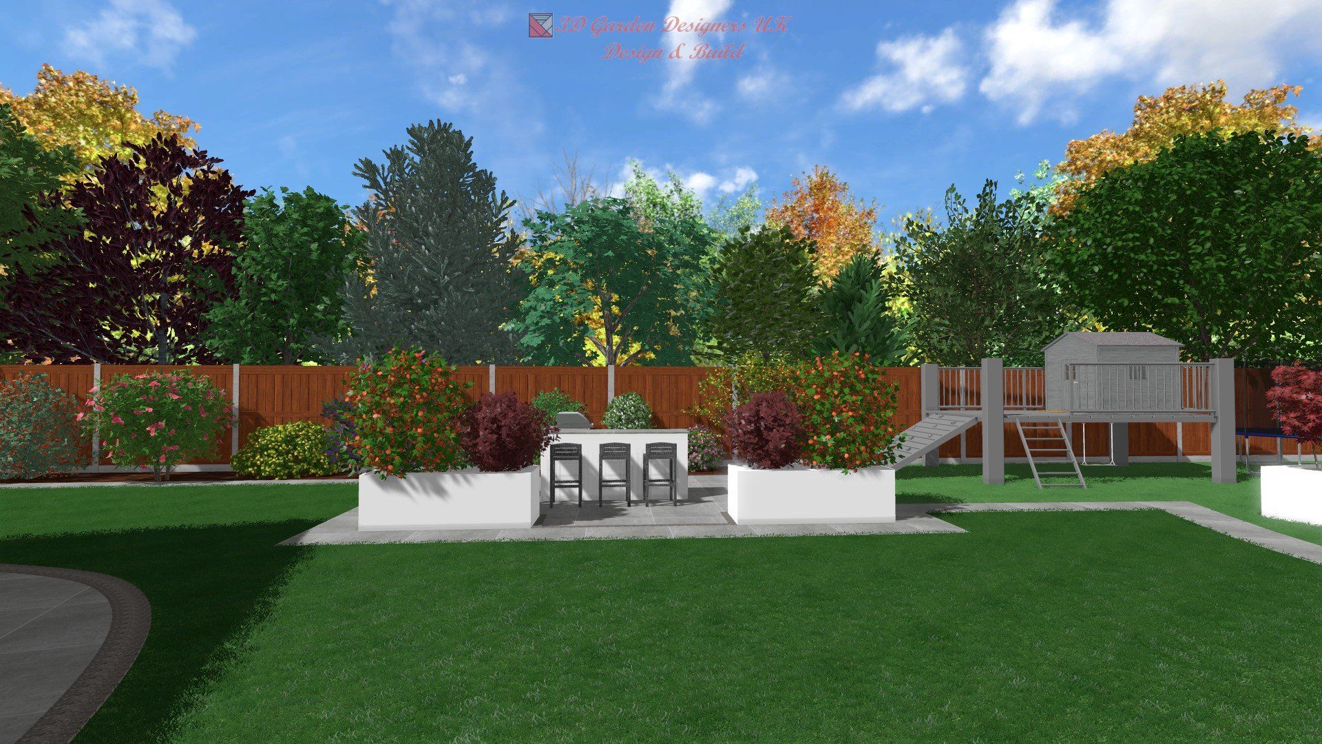 A computer generated image of a backyard with a playground and a fence.