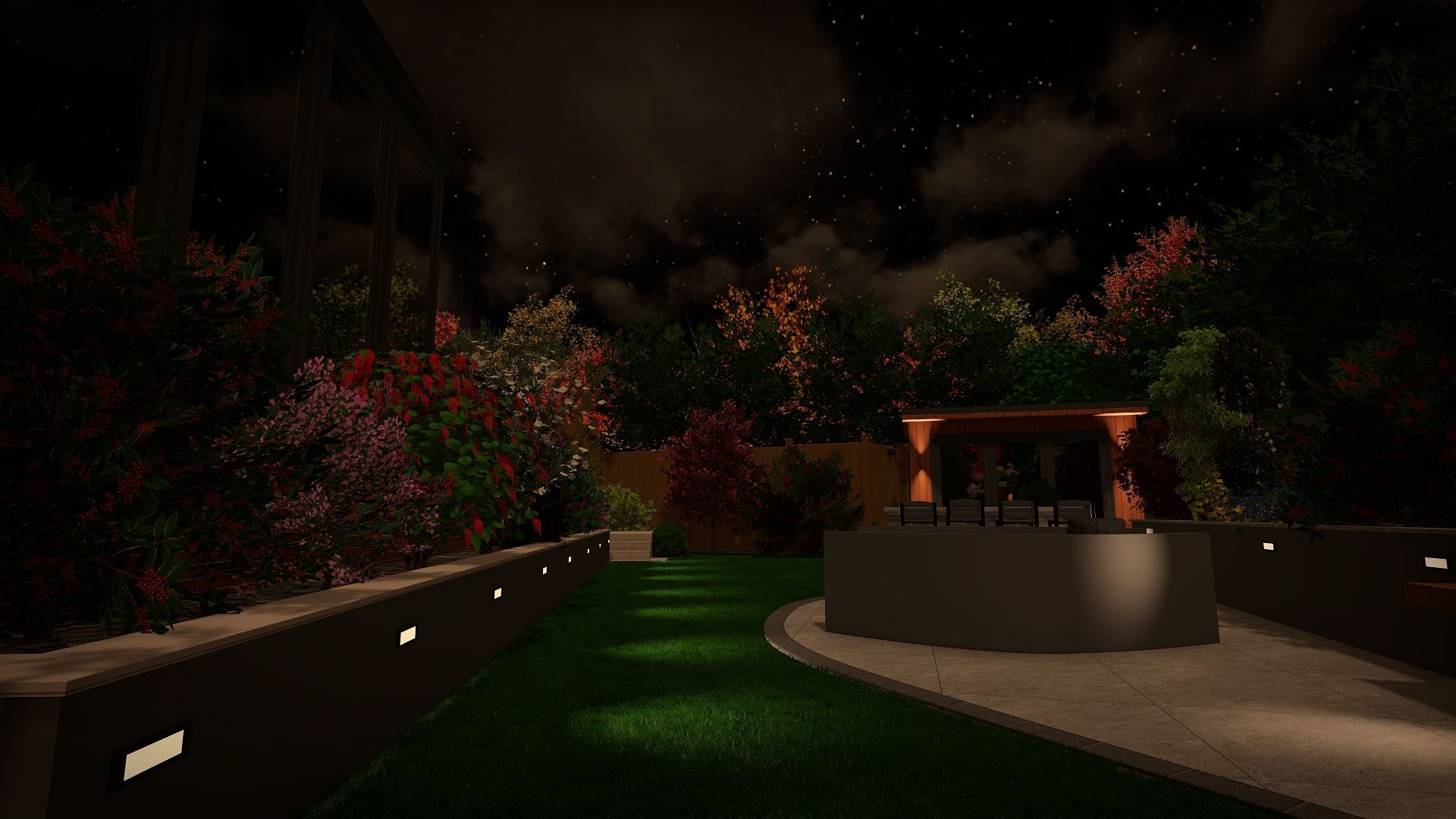 Nighttime landscape with illuminated garden beds and pathways, centered around a raised dark grey circular feature.