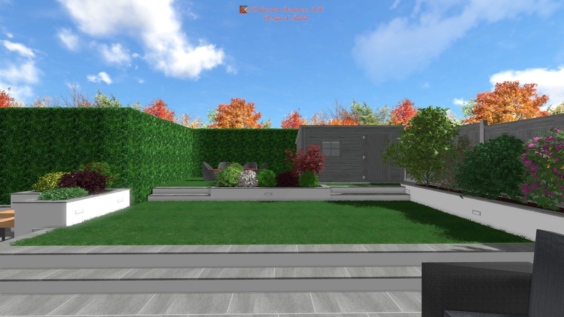 A computer generated image of a garden with a fence and a lawn.