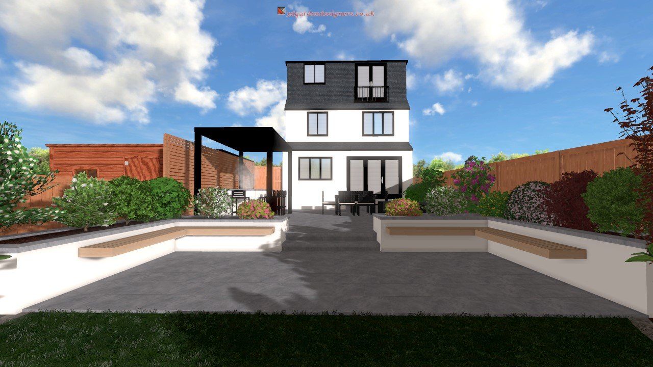 An artist 's impression of a house with a large patio in front of it.