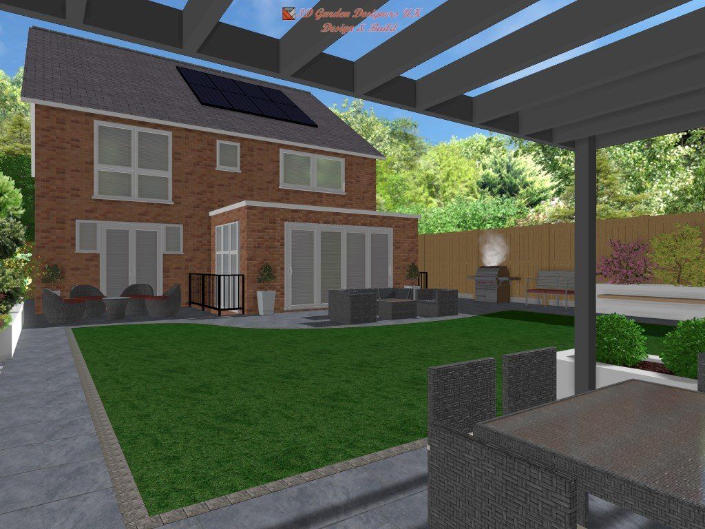 A computer generated image of a backyard with a brick house in the background