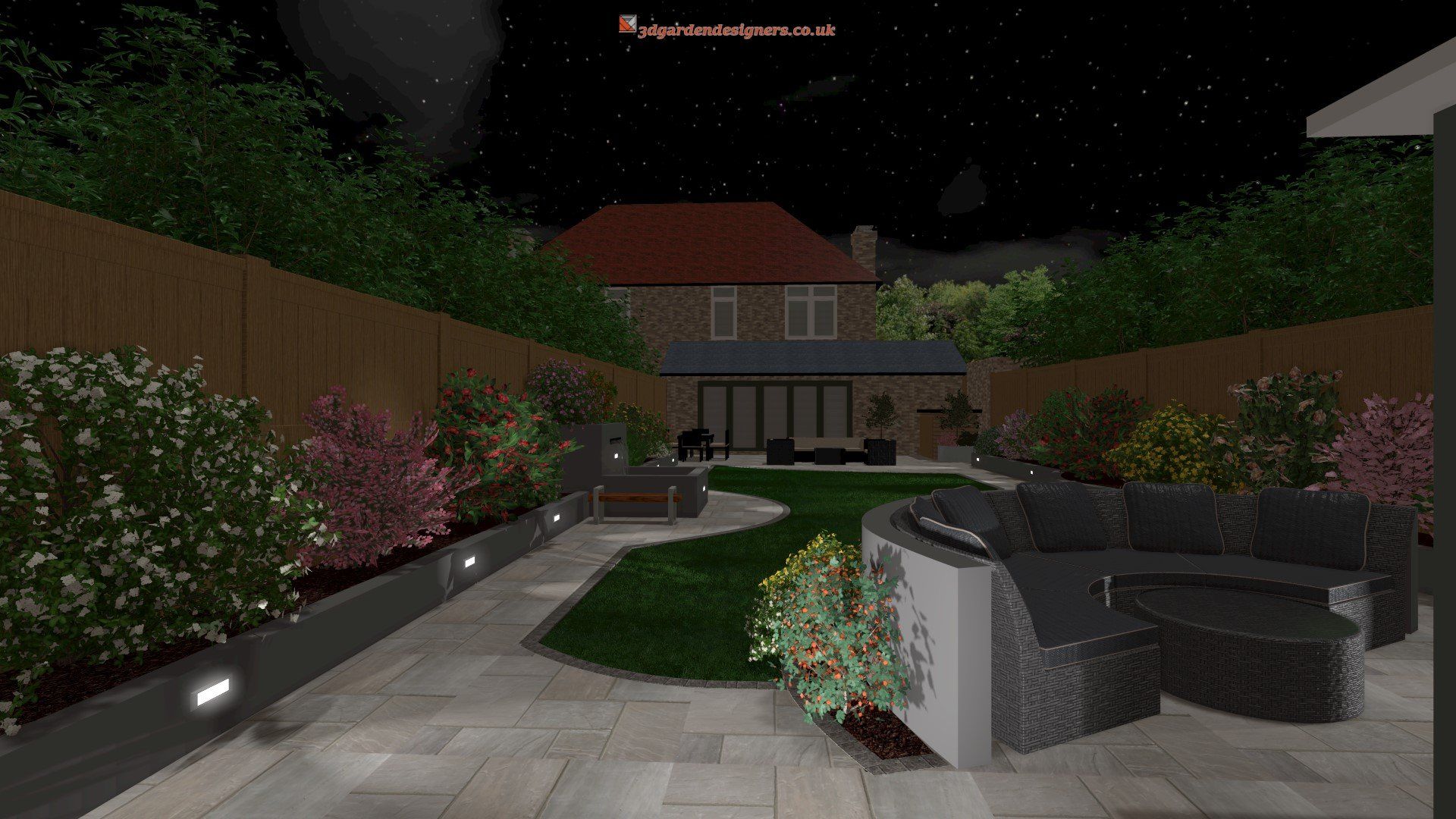 A computer generated image of a backyard at night with a house in the background.