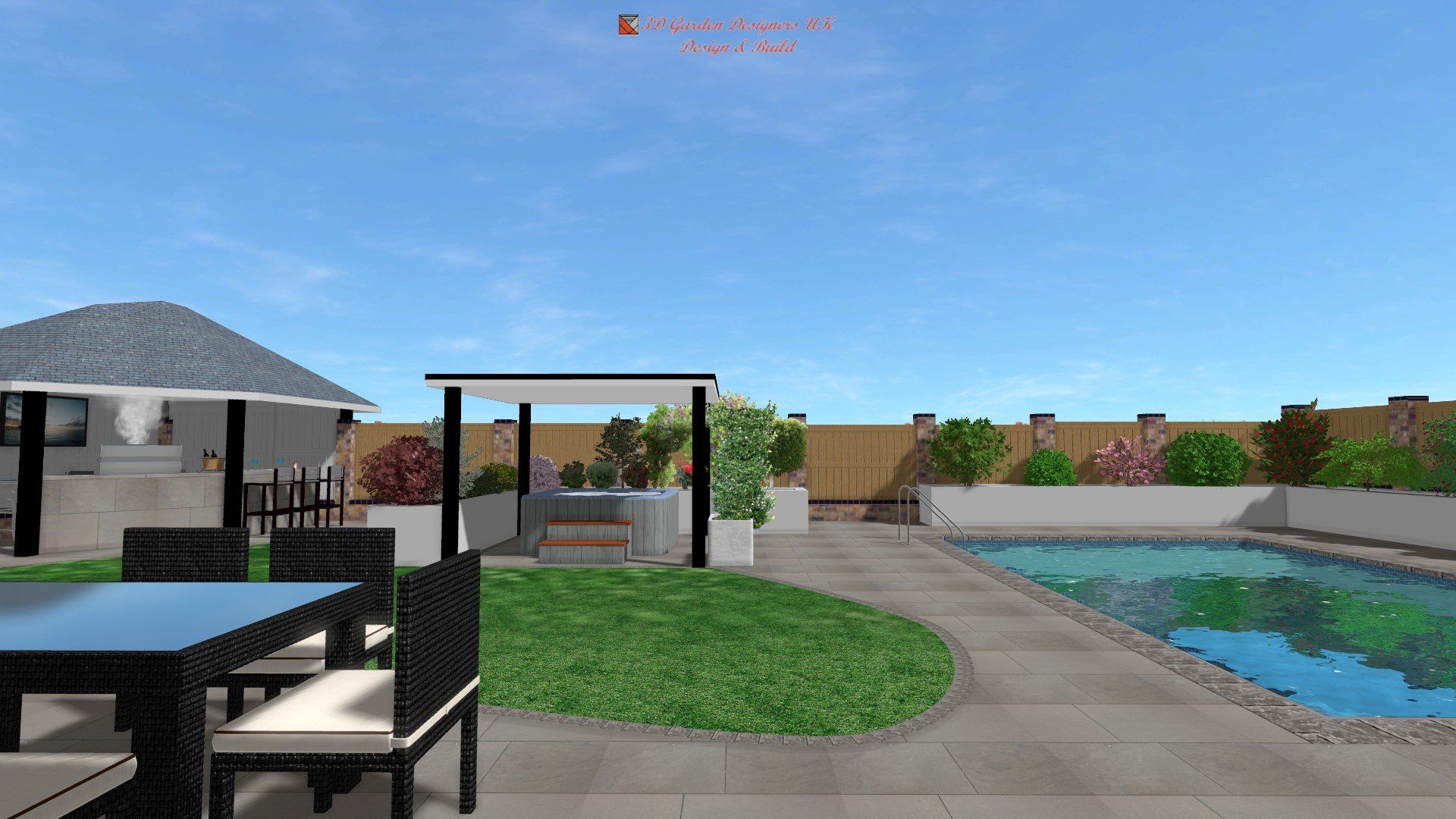 A computer generated image of a backyard with a table and chairs and a pool.