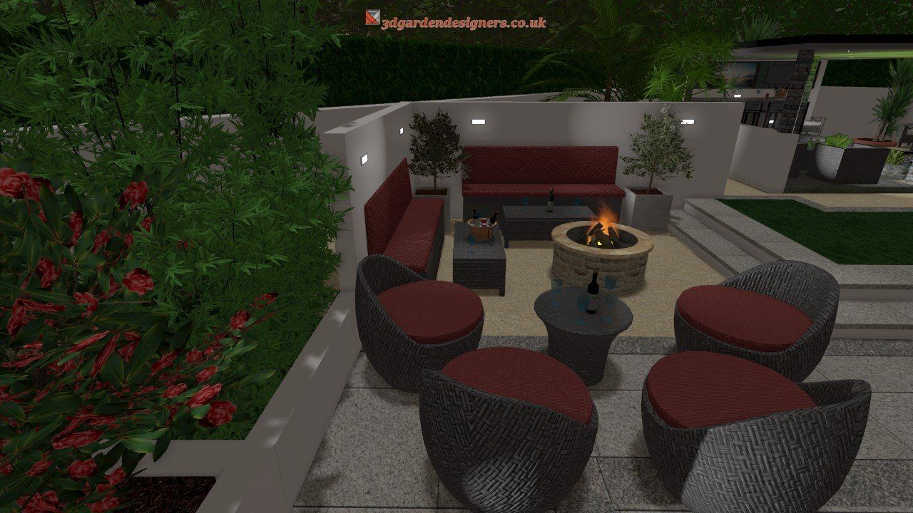 A computer generated image of a patio with furniture and a fire pit.
