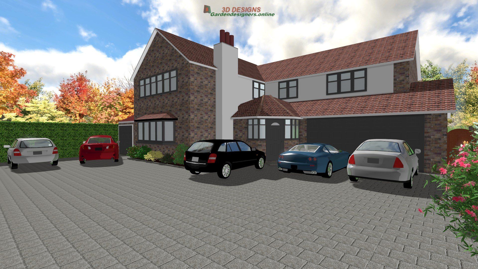 A rendering of a house with cars parked in front of it