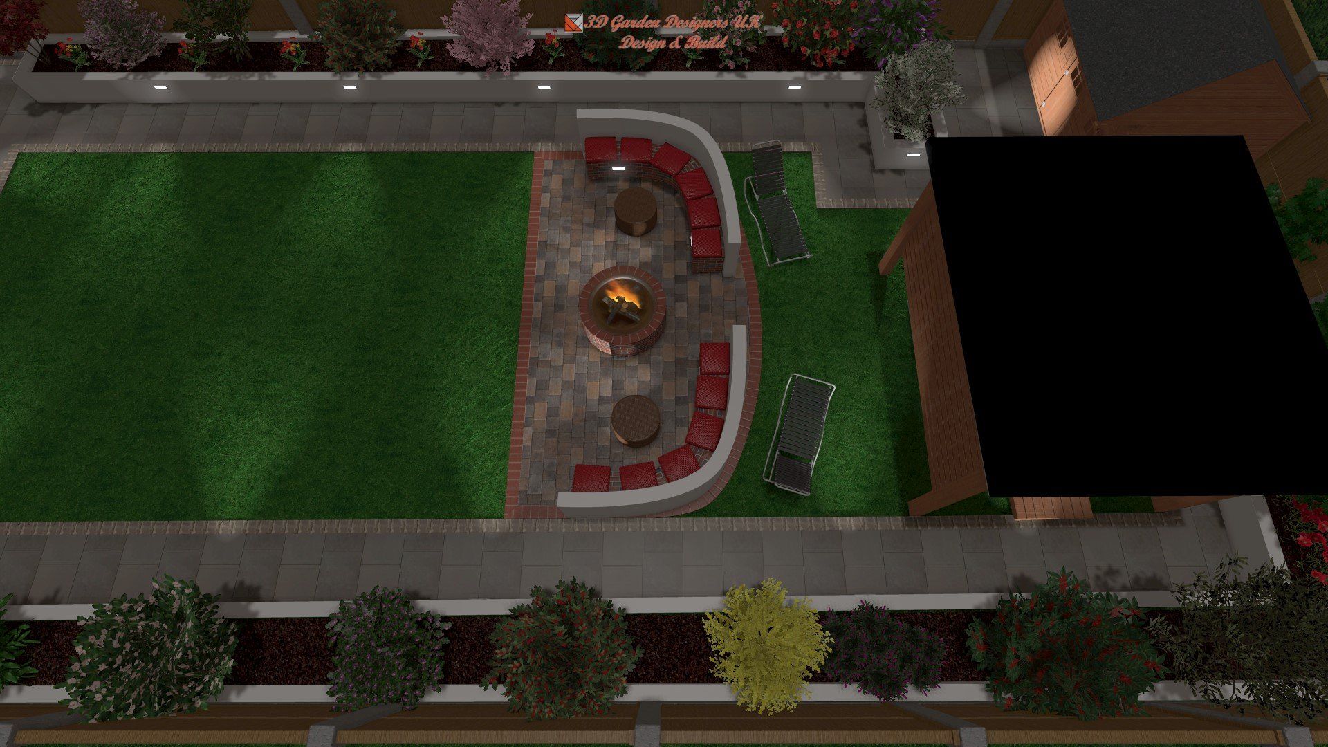 An aerial view of a garden with a fire pit in the middle of it.