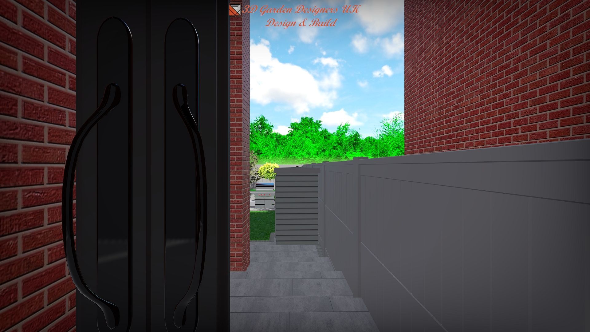 A brick building with a black door and a brick wall.