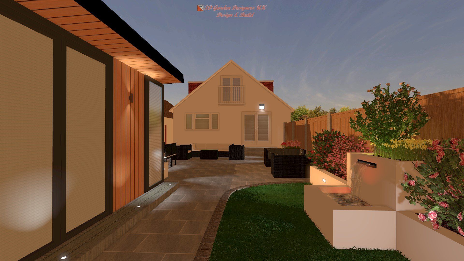 A computer generated image of a backyard with a house in the background.