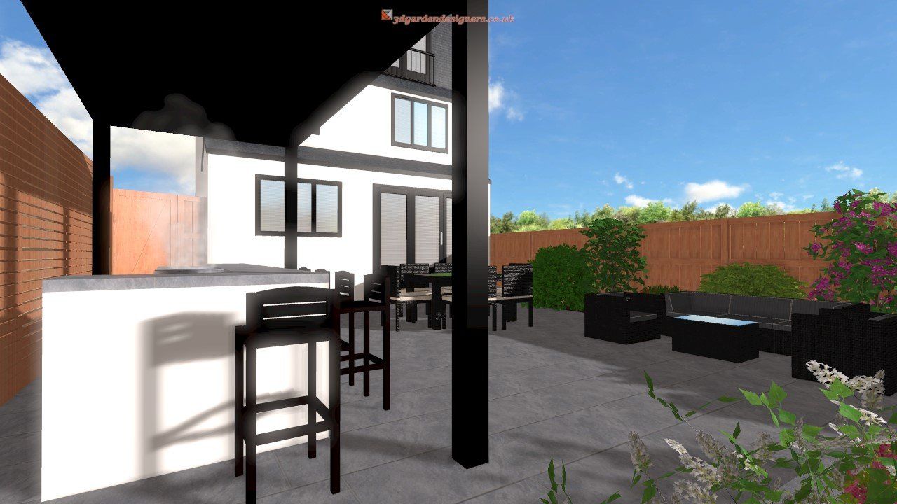 A computer generated image of a backyard with a grill and stools
