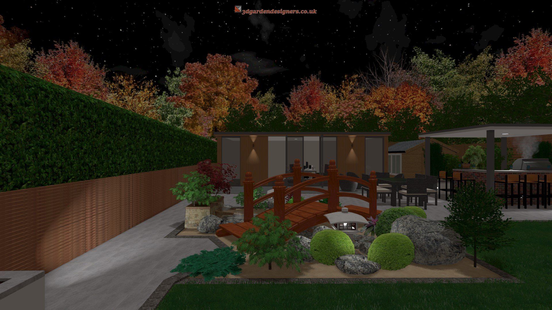 A computer generated image of a garden at night