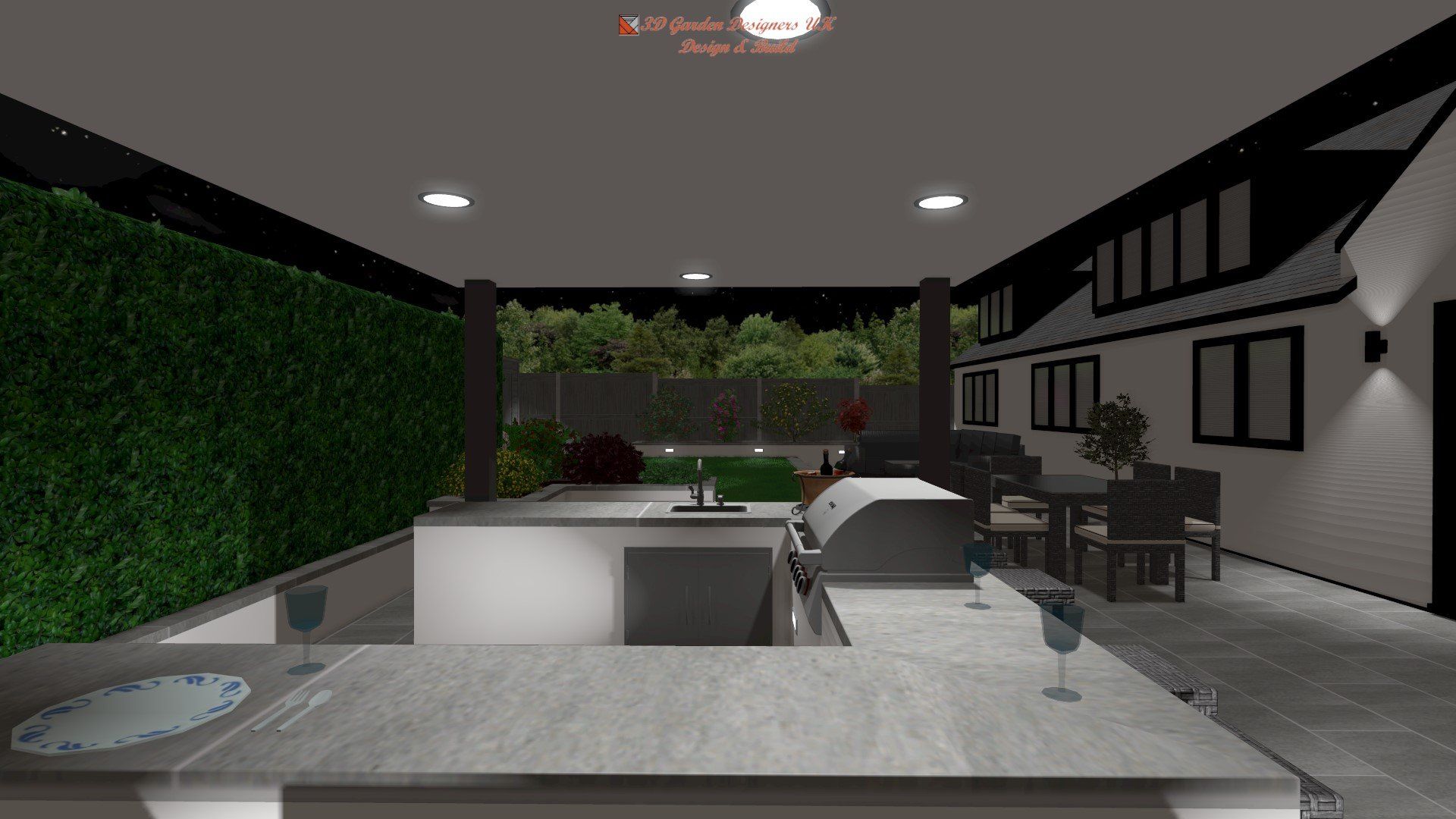 A computer generated image of a house with a kitchen and dining area.