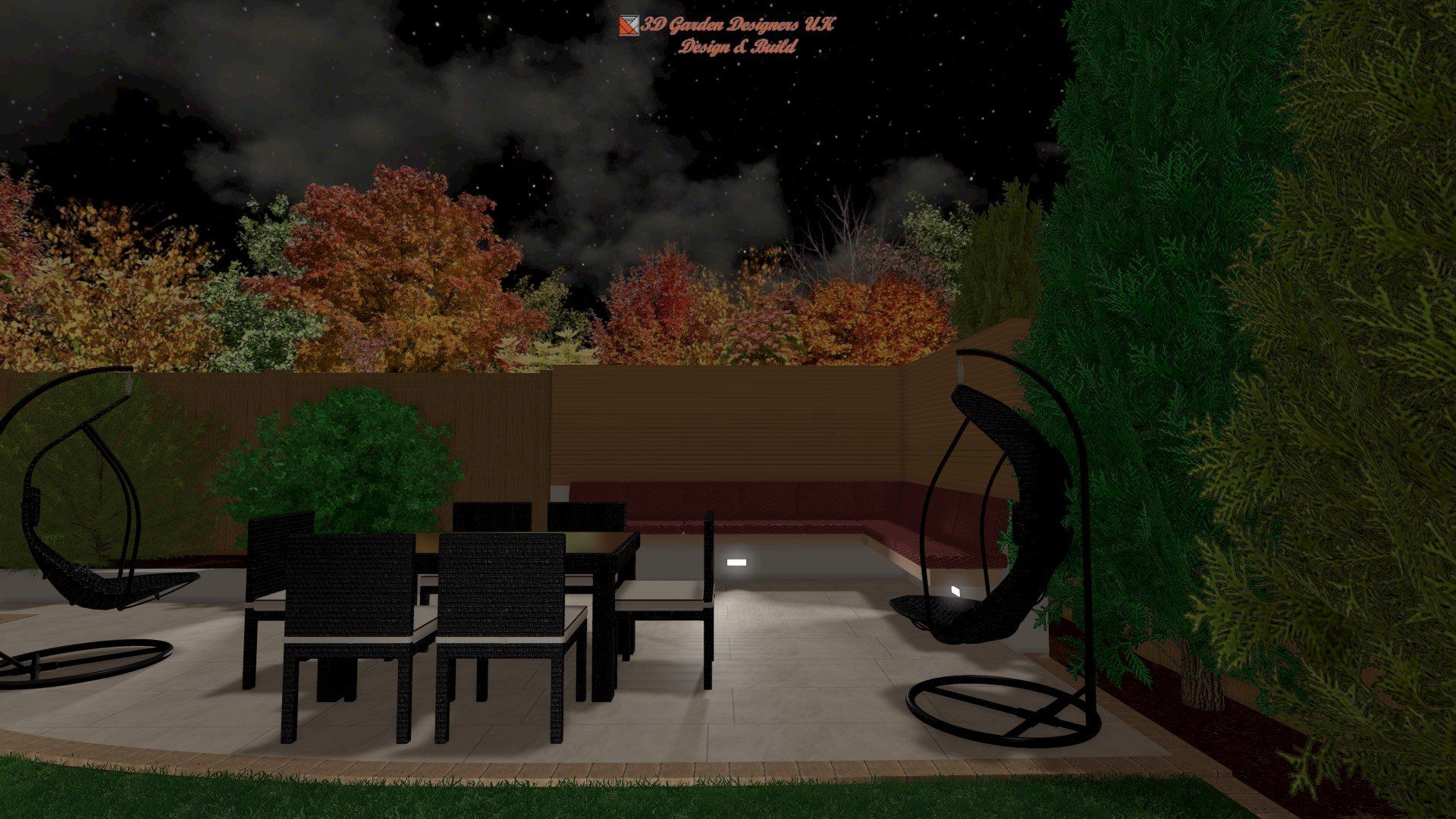 A computer generated image of a patio with a table and chairs at night.