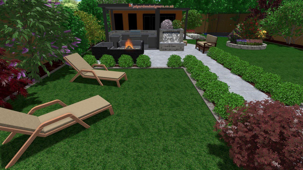 A computer generated image of a backyard with lawn chairs and a fire pit.