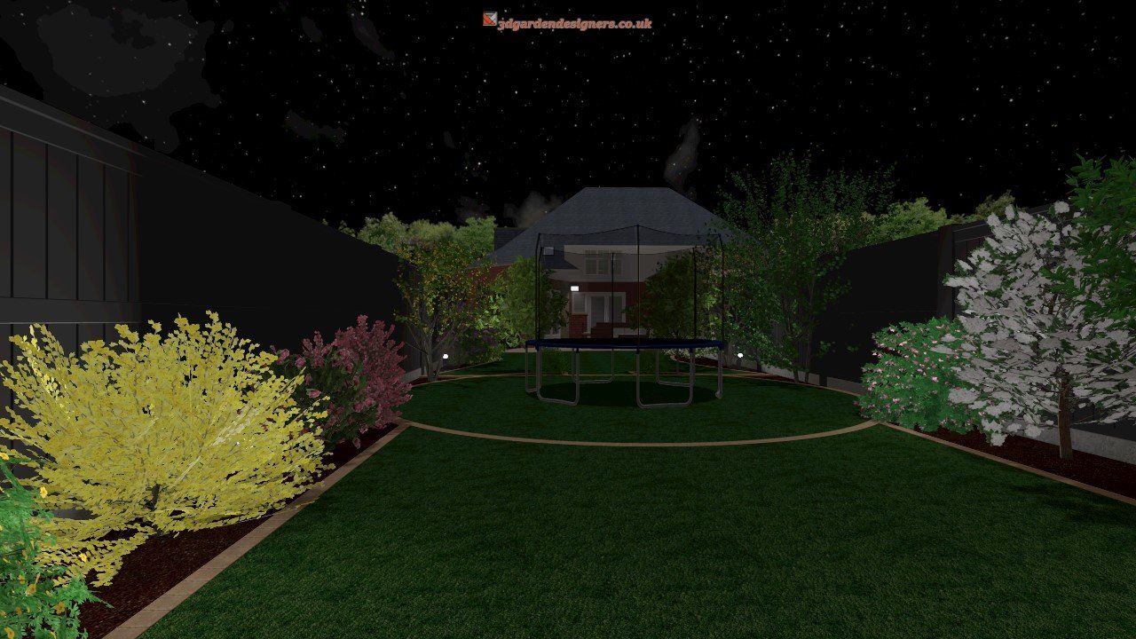 A computer generated image of a backyard at night.