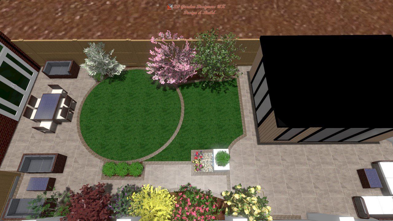 An aerial view of a garden with a table and chairs