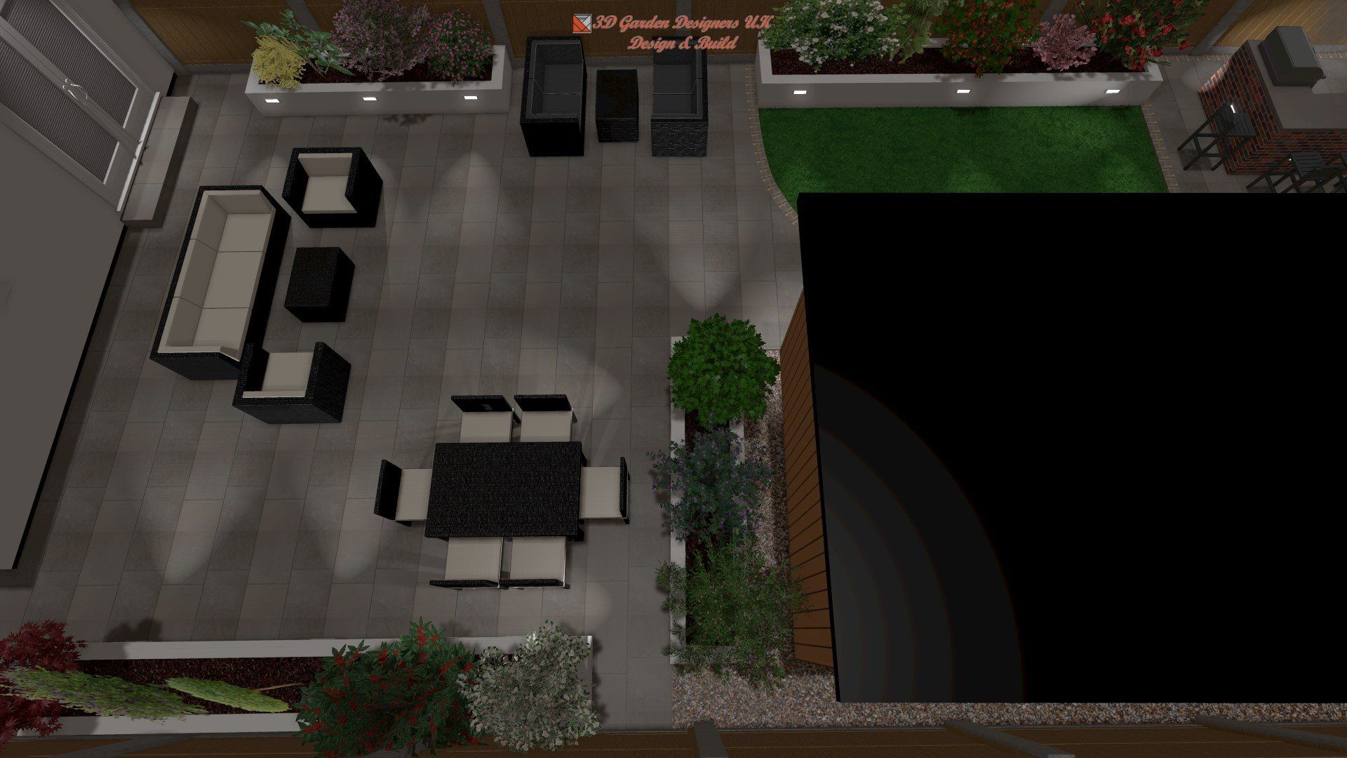 An aerial view of a patio with a table and chairs