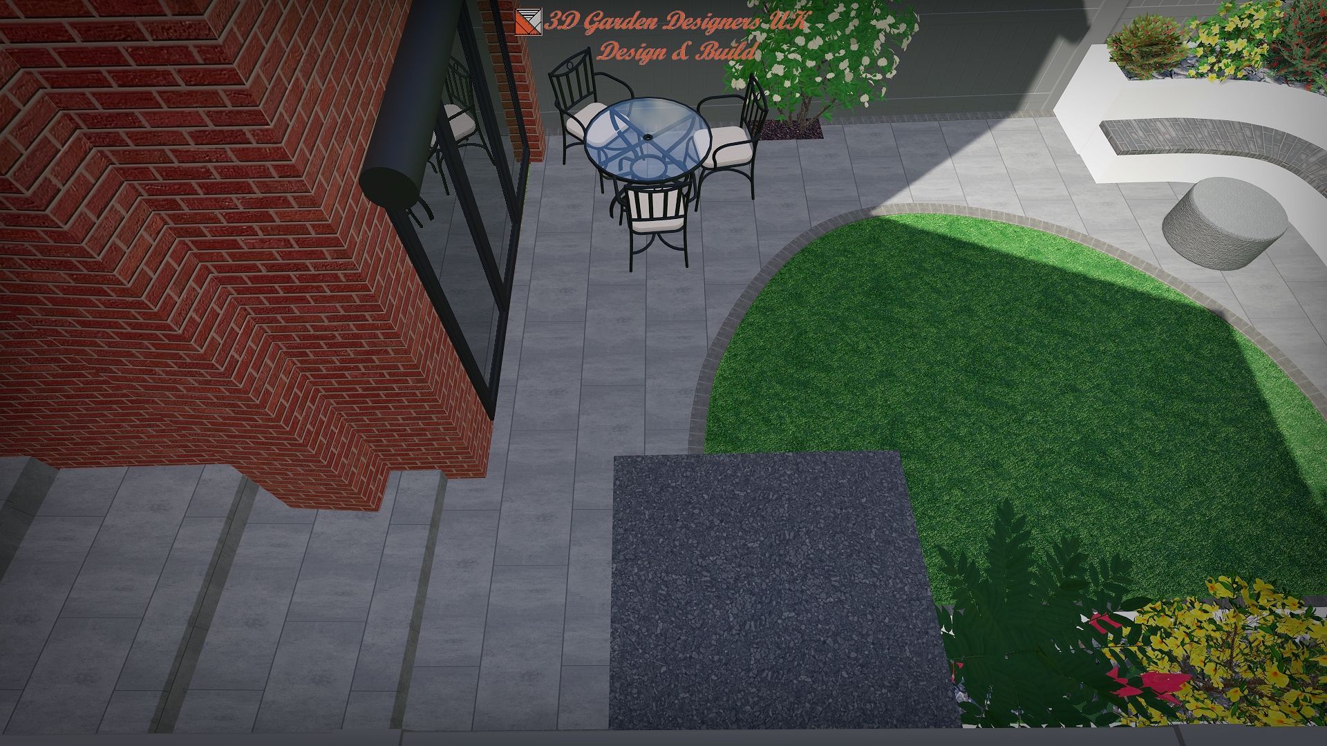 A computer generated image of a patio with a table and chairs.