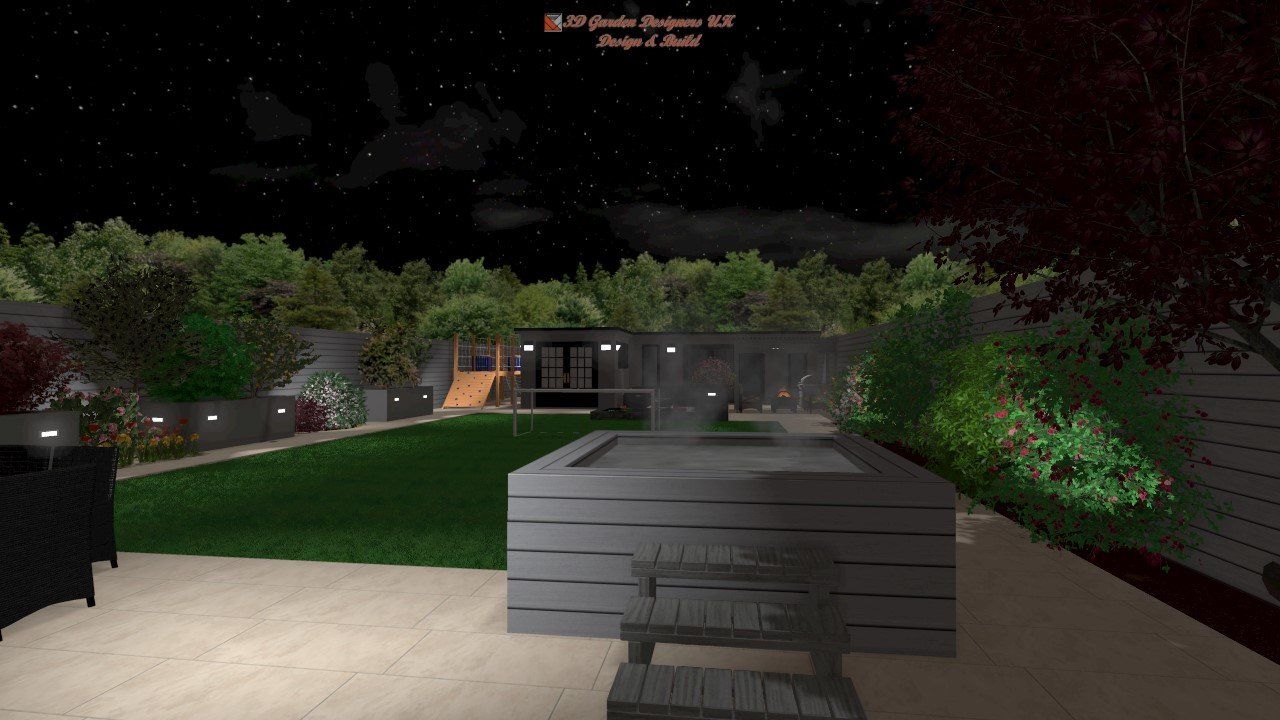 A computer generated image of a backyard at night.