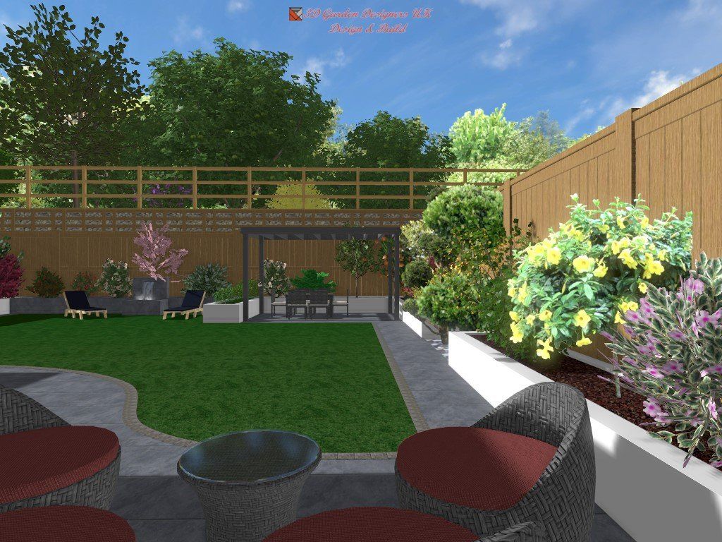 A computer generated image of a backyard with a wooden fence