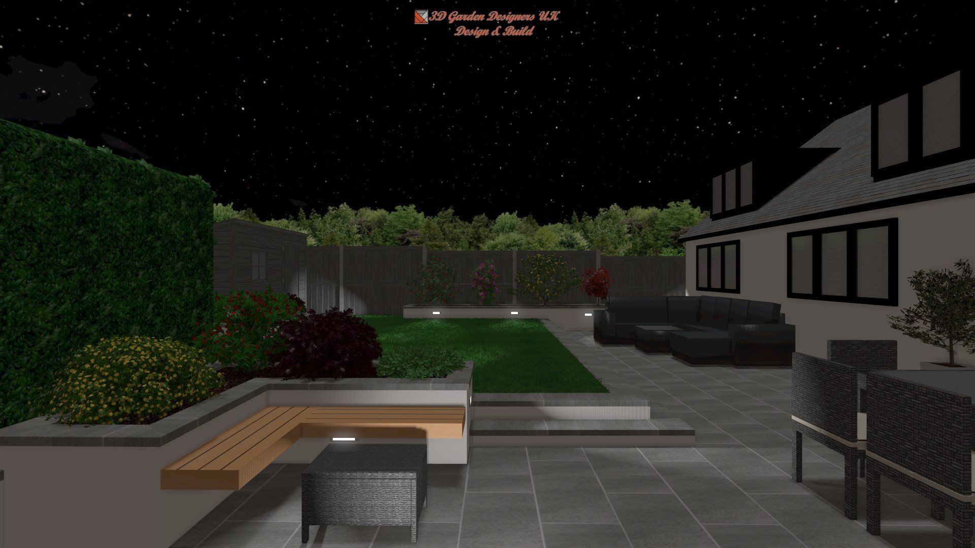 A computer generated image of a backyard at night