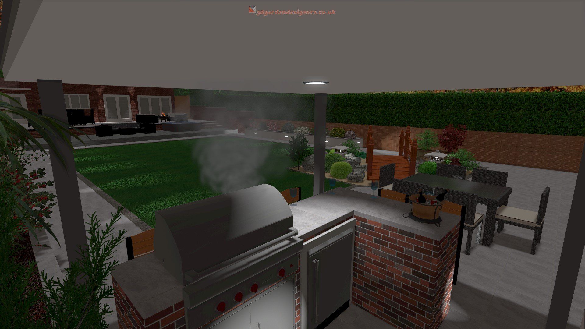 A computer generated image of a backyard with a grill and a table and chairs.