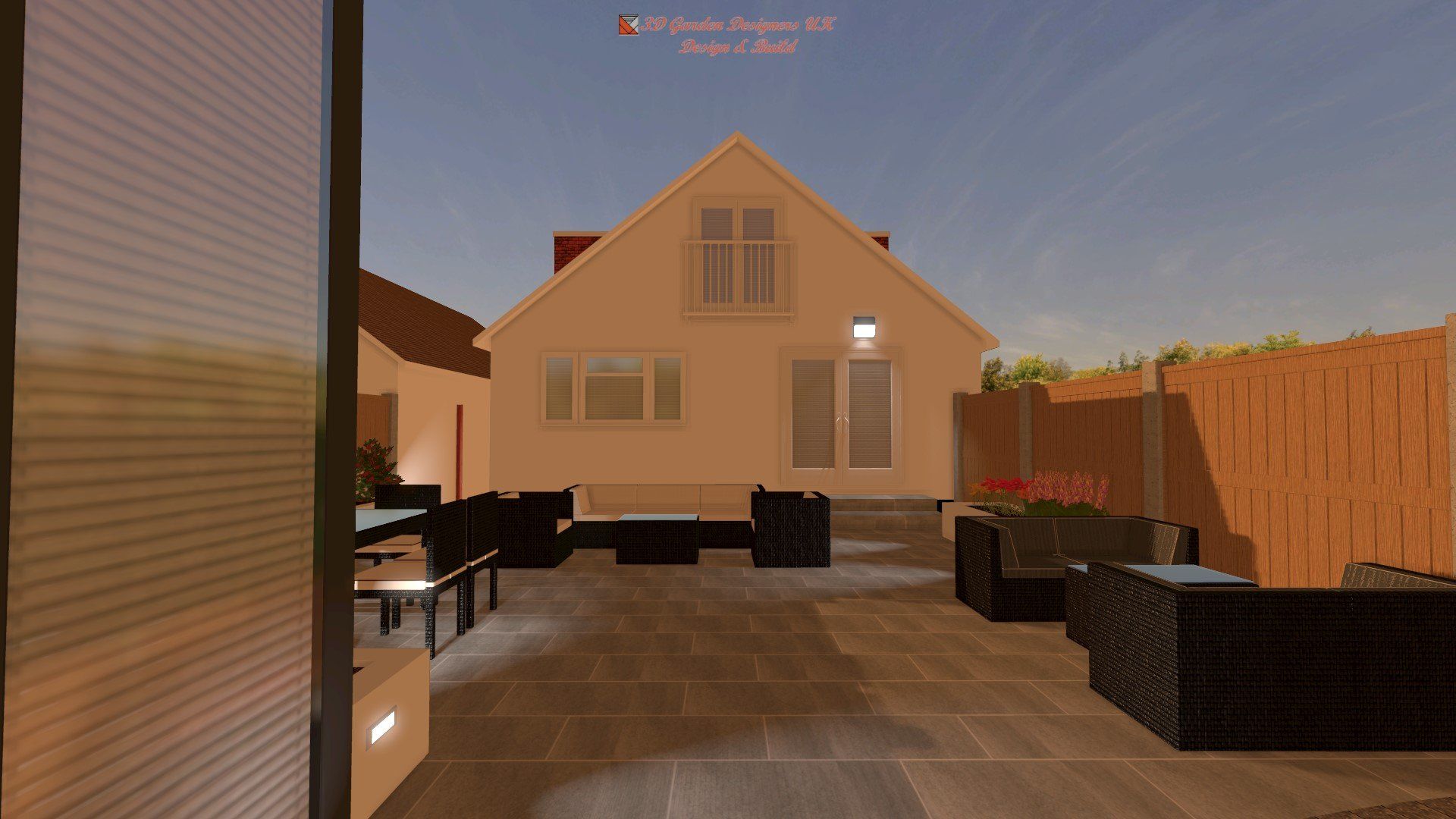 A house with a lot of furniture in front of it