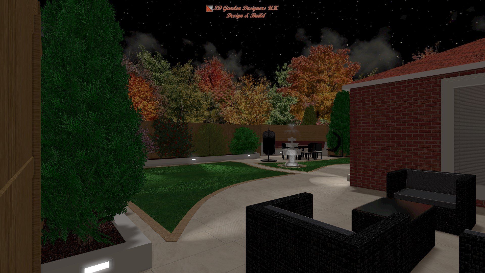 A computer generated image of a backyard at night