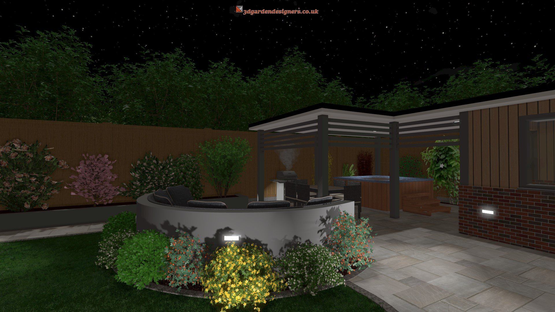 A computer generated image of a backyard at night.