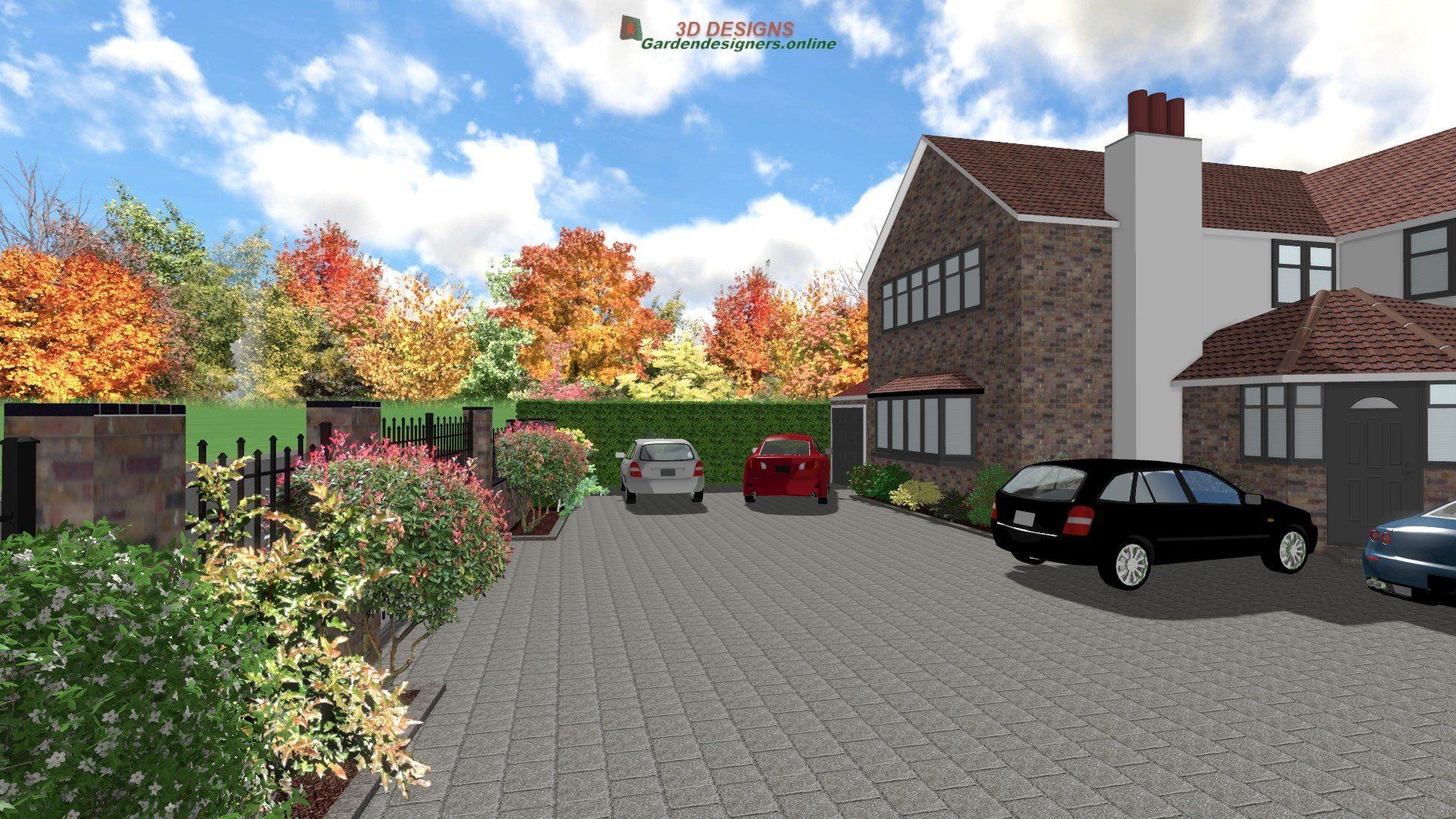 A computer generated image of a house with cars parked in front of it