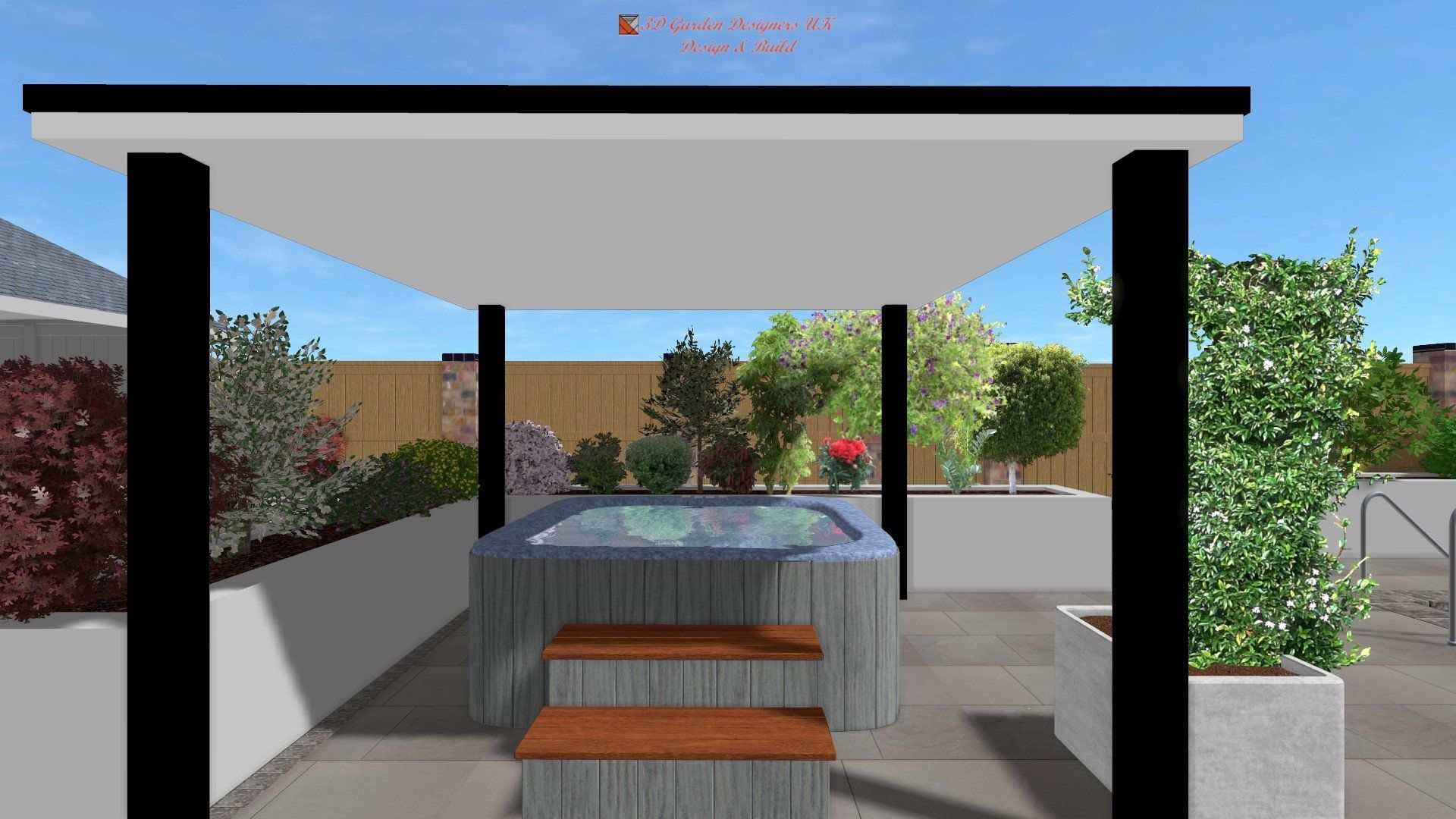 A computer generated image of a hot tub under a canopy.