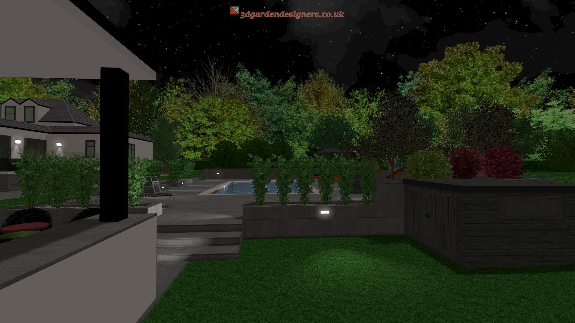 A computer generated image of a backyard at night with a house in the background.
