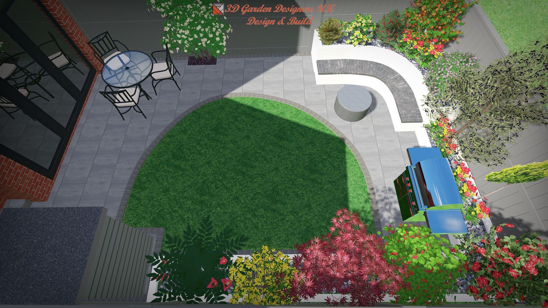 An aerial view of a garden with a table and chairs.