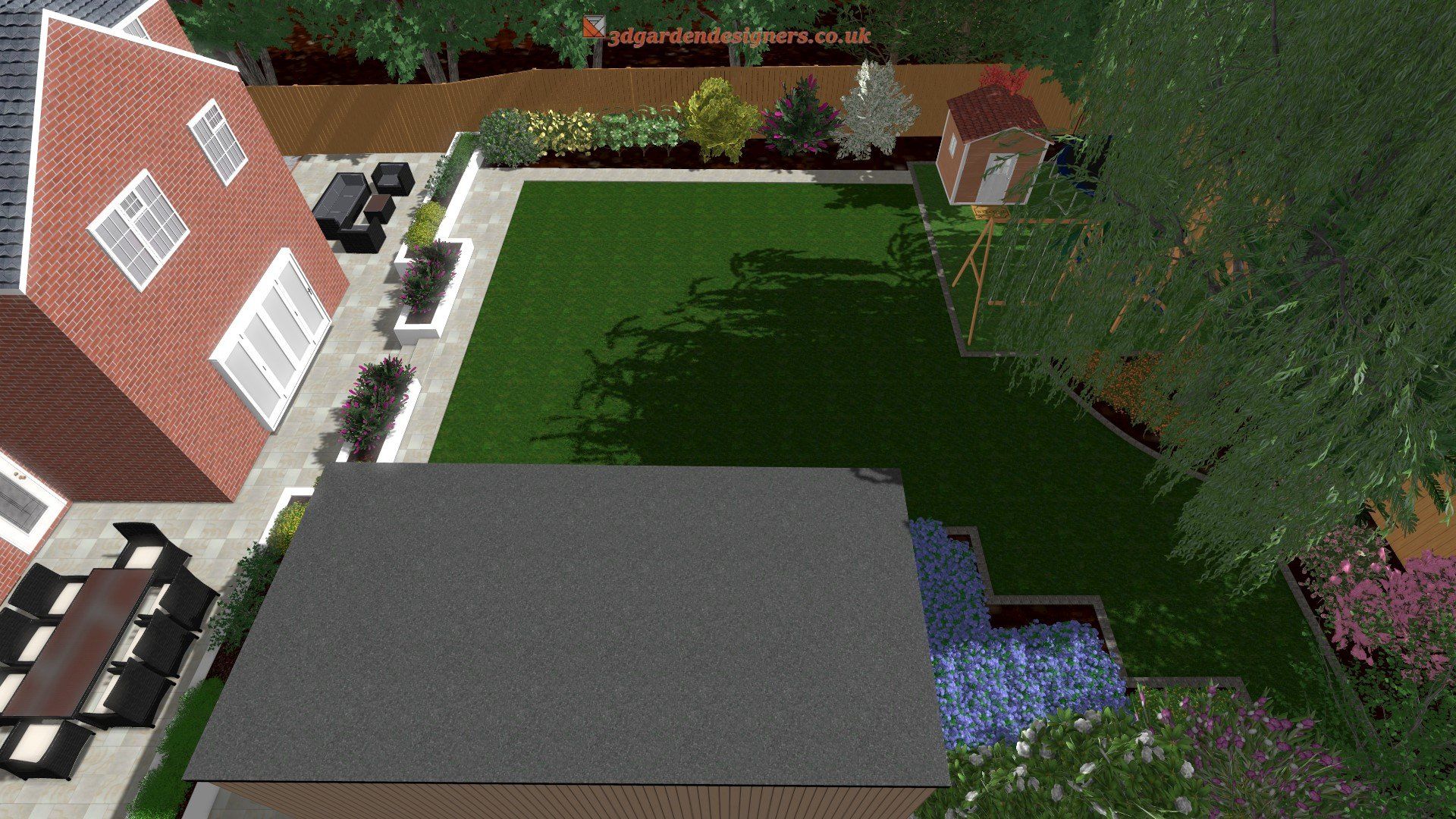 An aerial view of a backyard with a brick house and a large lawn.
