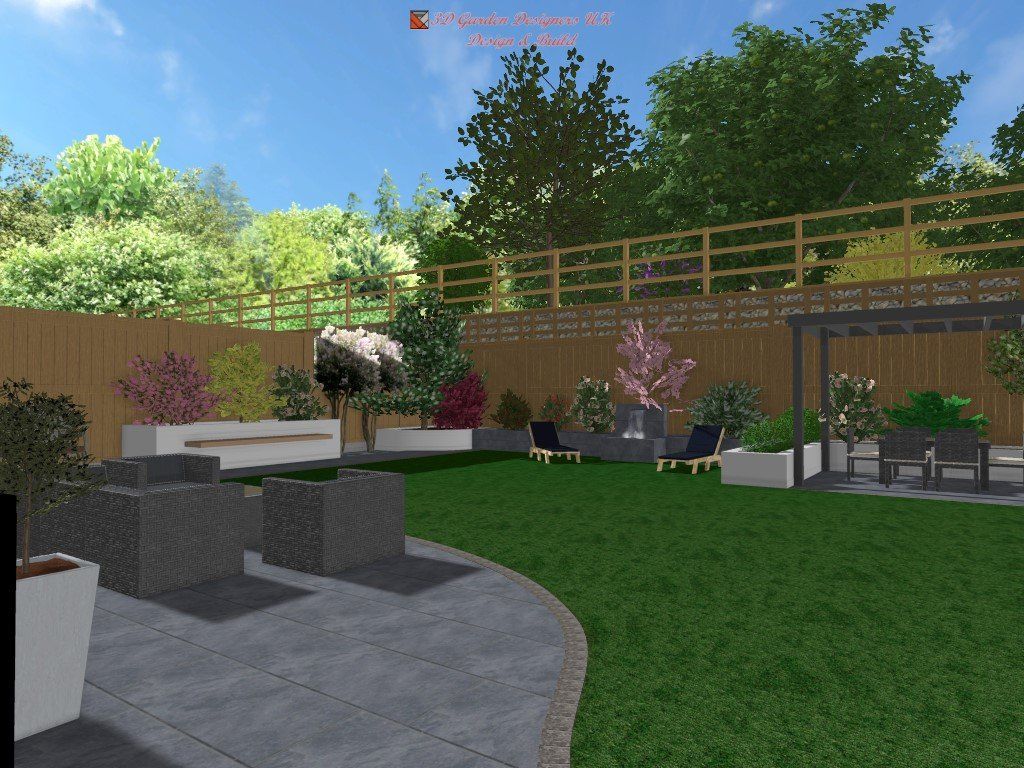 A computer generated image of a backyard with a pergola and chairs