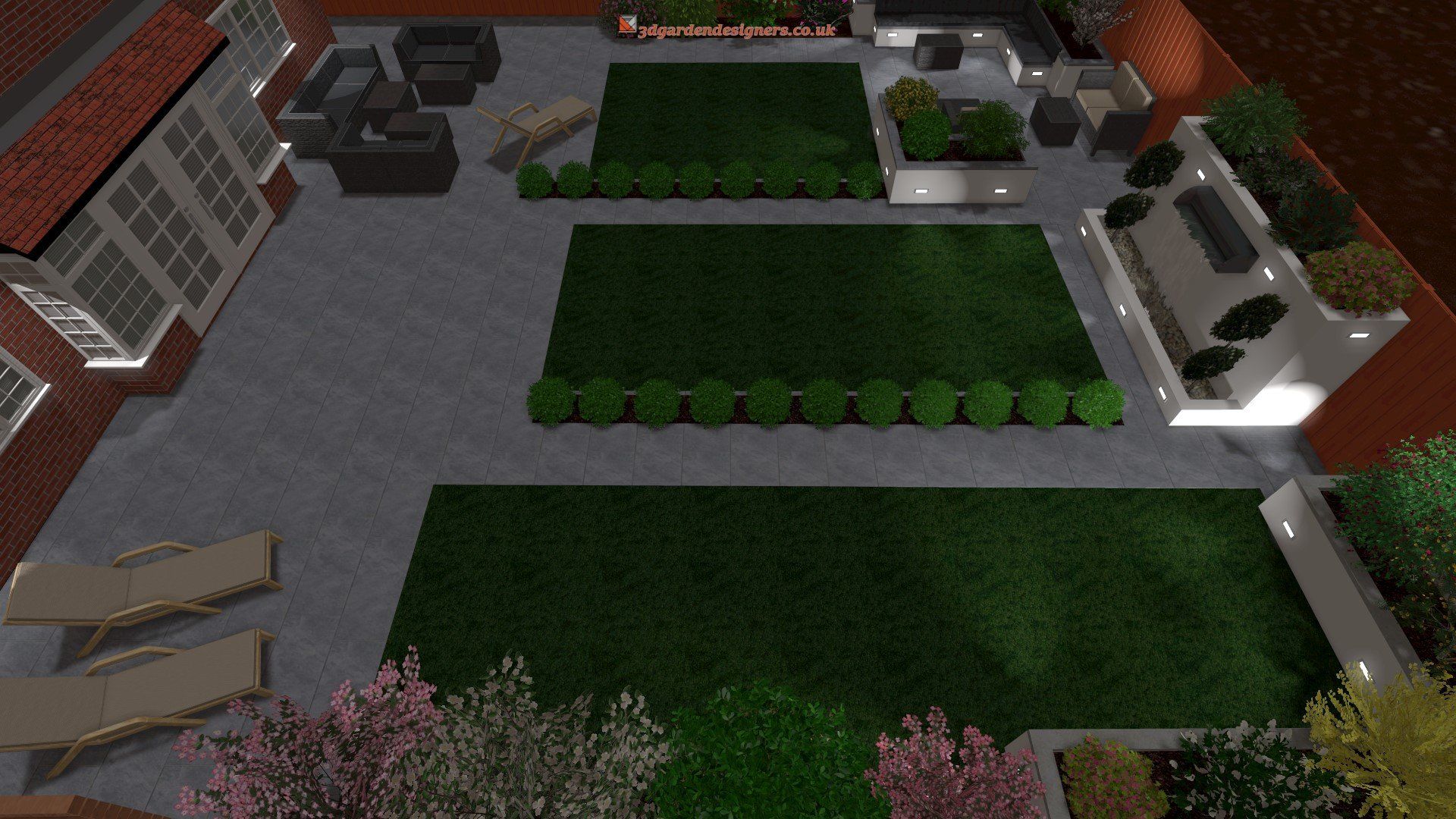 An aerial view of a garden with a brick building in the background