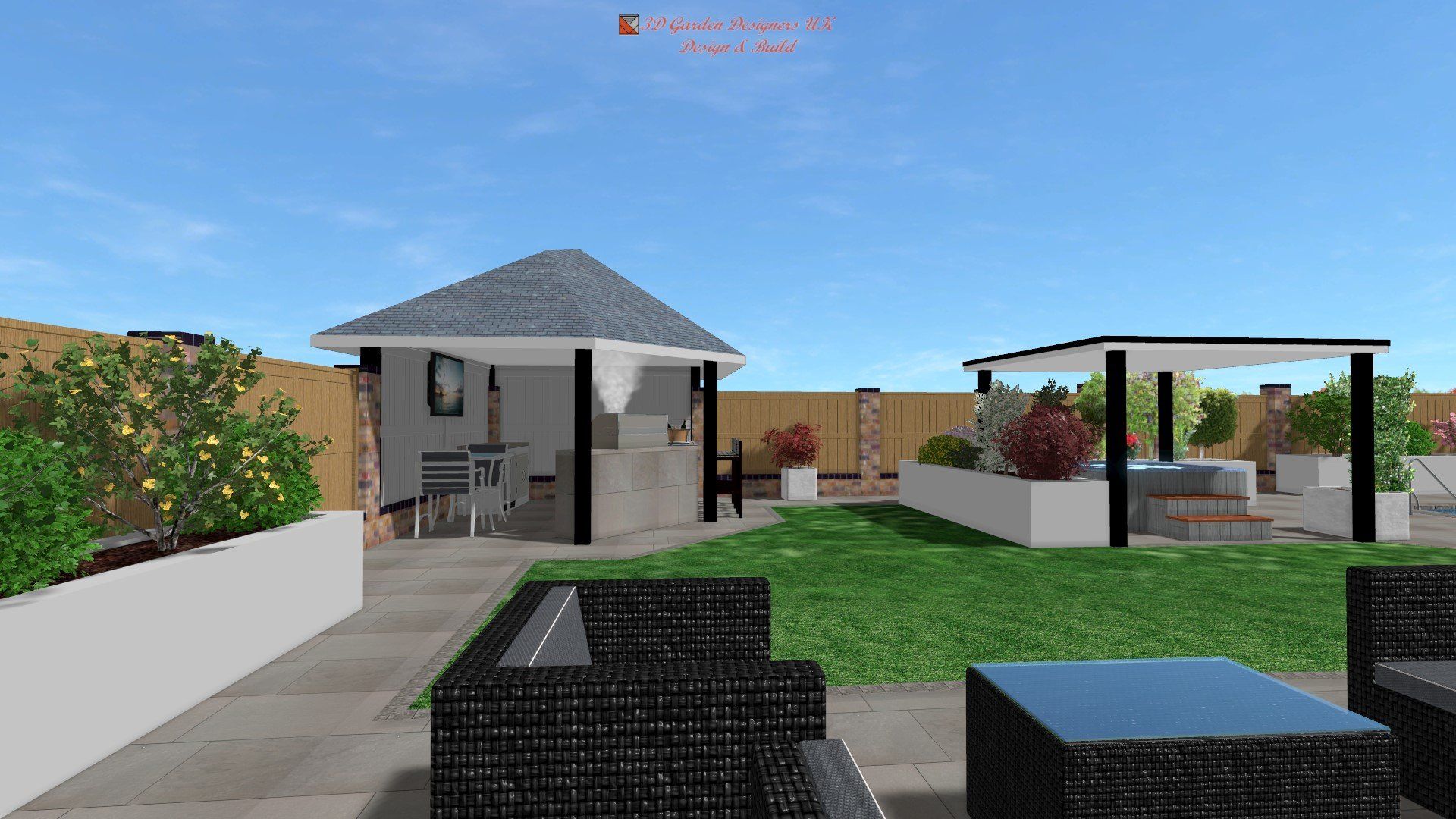 A computer generated image of a backyard with a gazebo and patio furniture.