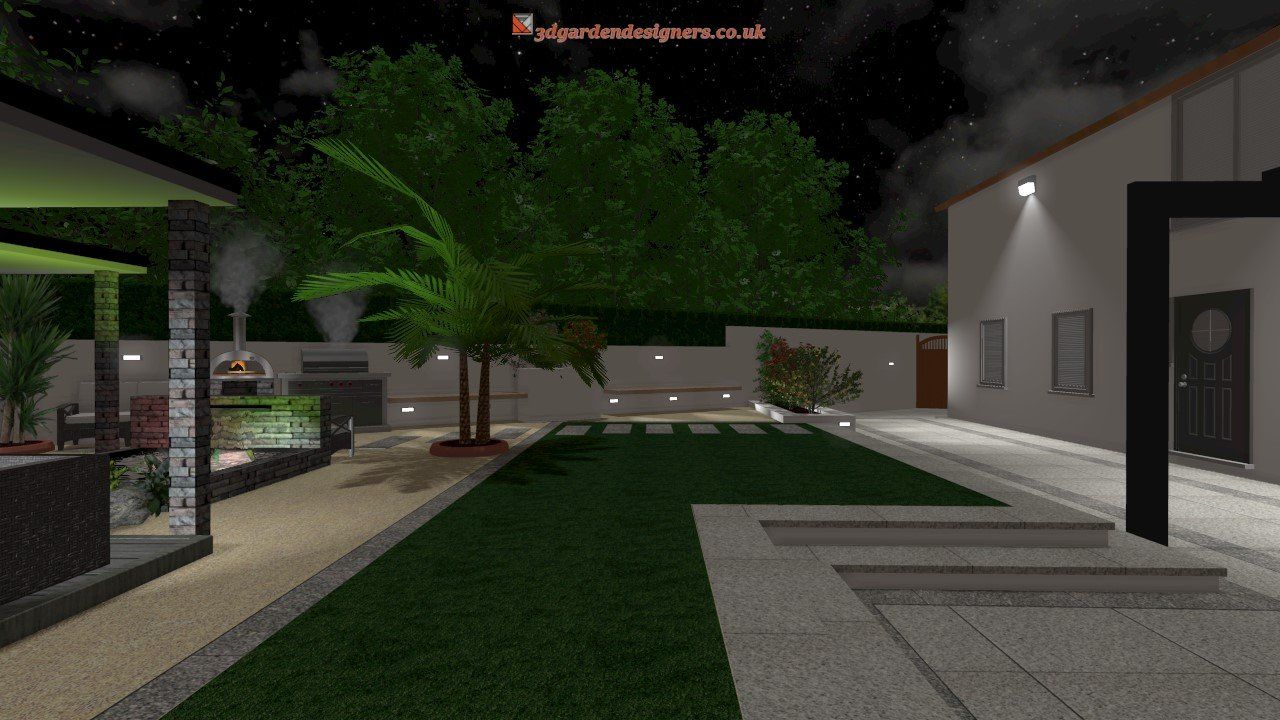 A computer generated image of a garden at night.