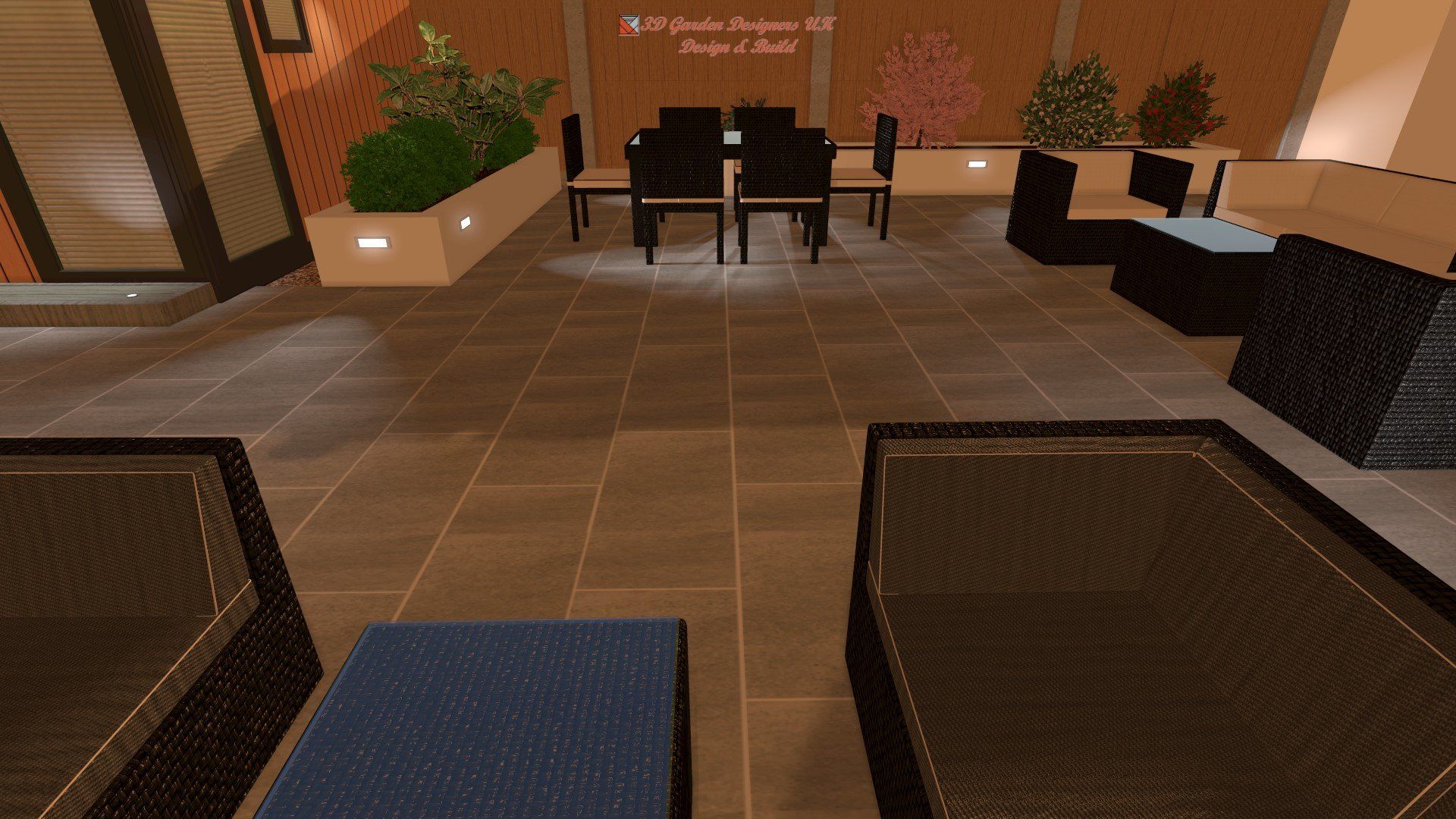 A computer generated image of a living room with a dining table and chairs.