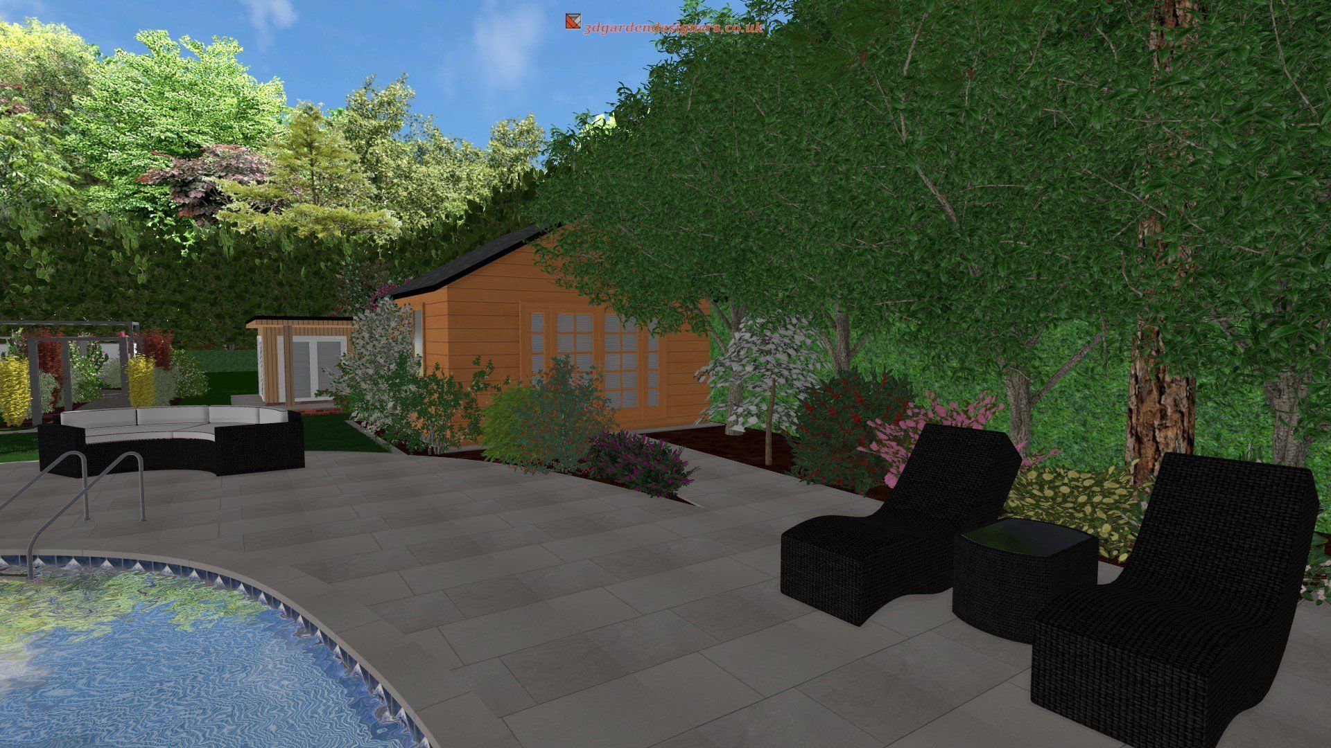 A computer generated image of a backyard with a pool and chairs