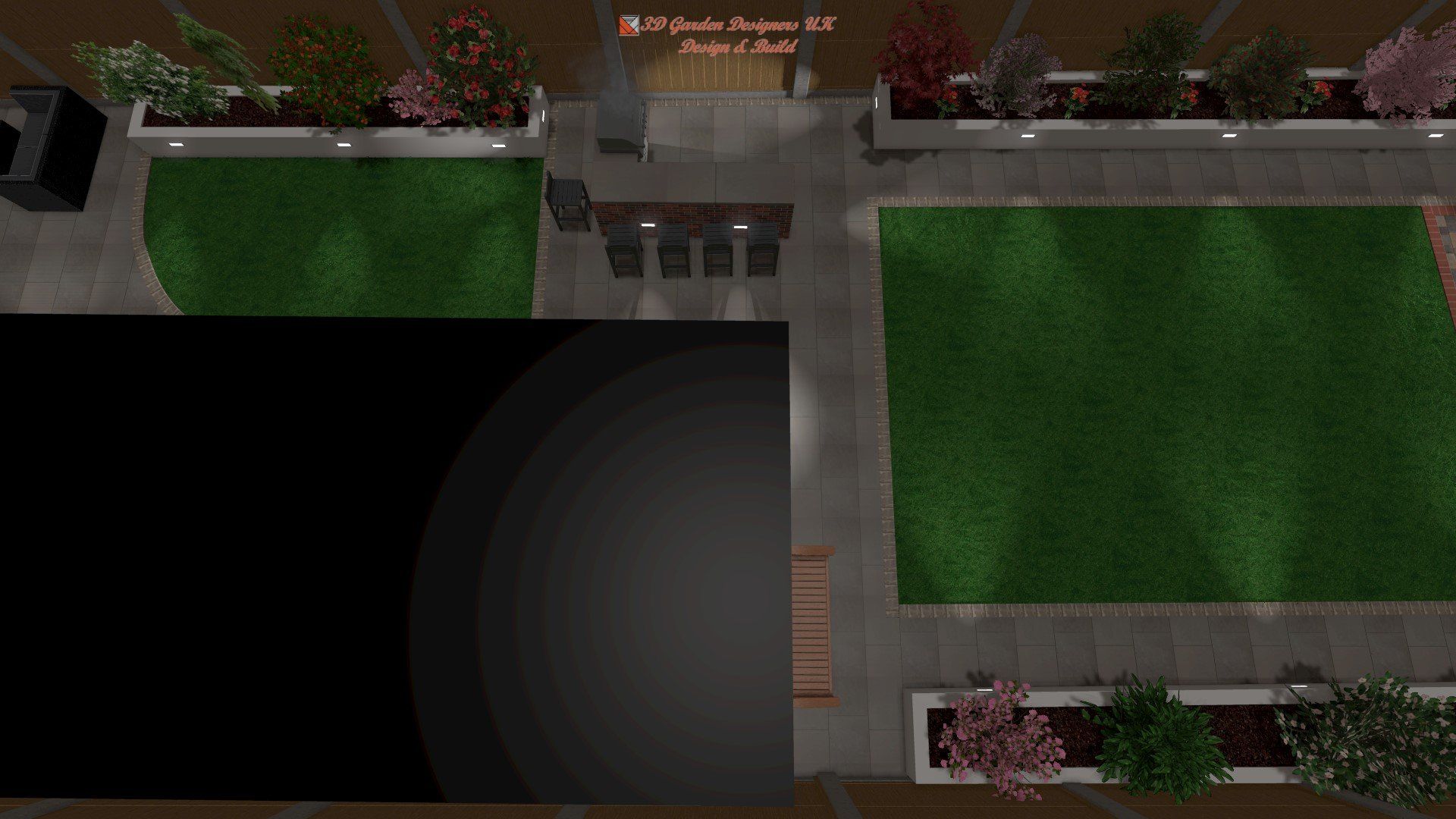 An aerial view of a garden with a large lawn and planters.