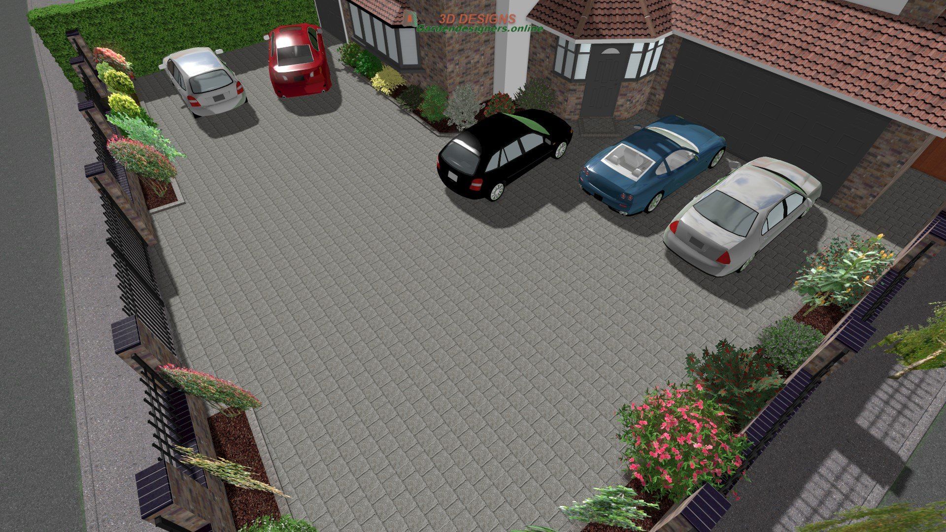 A group of cars are parked in a driveway in front of a house.